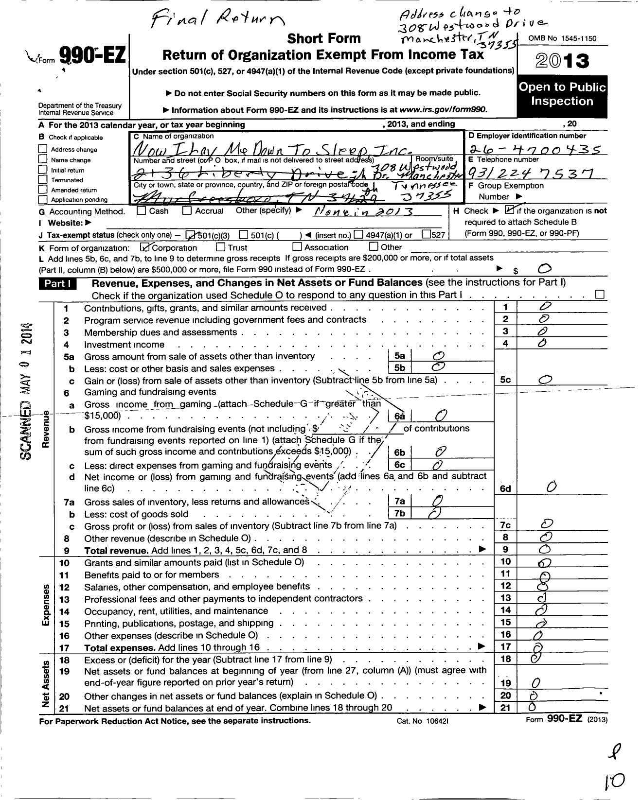 Image of first page of 2013 Form 990EZ for Now I Lay Me Down To Sleep