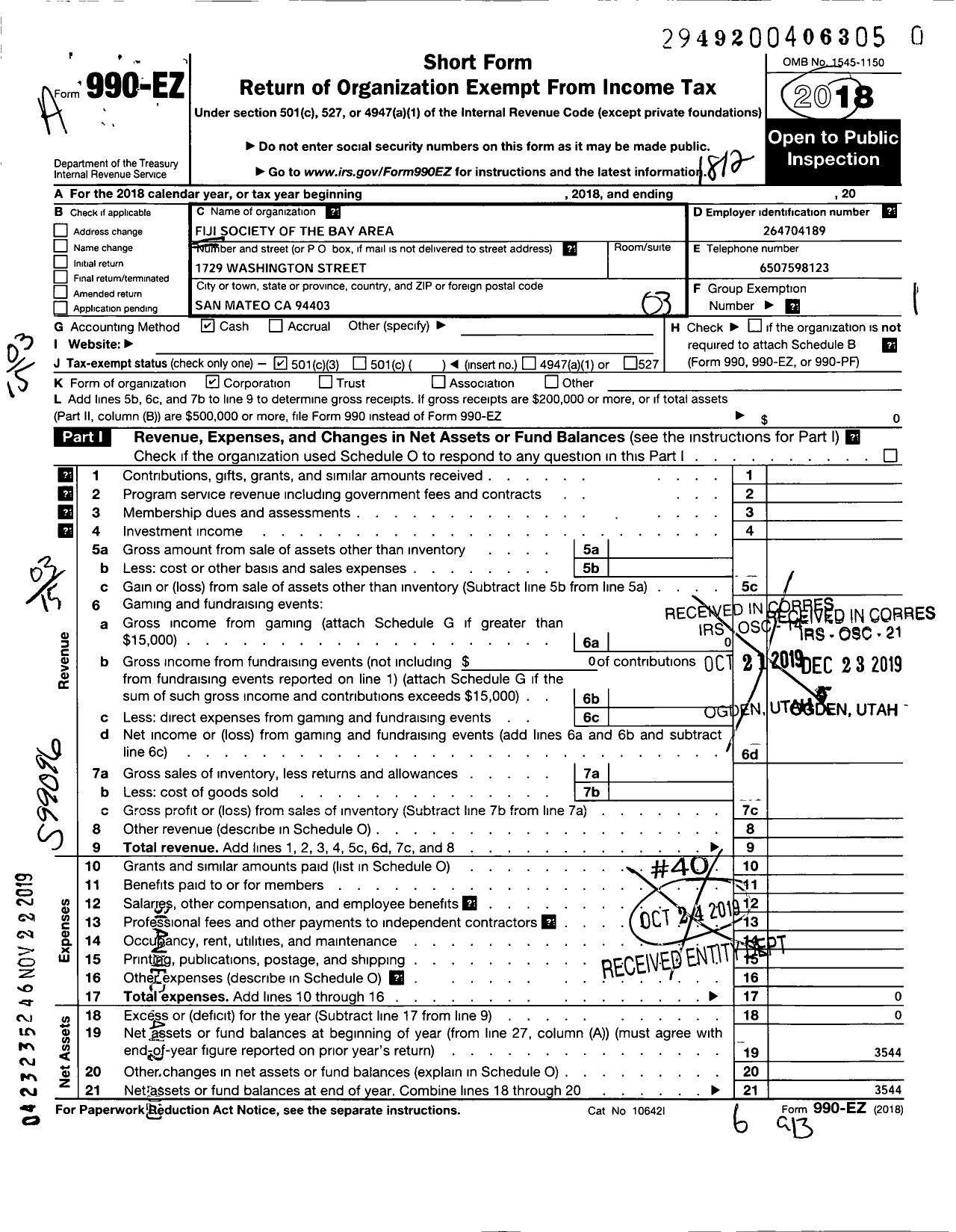 Image of first page of 2018 Form 990EZ for Fiji Society of the Bay Area