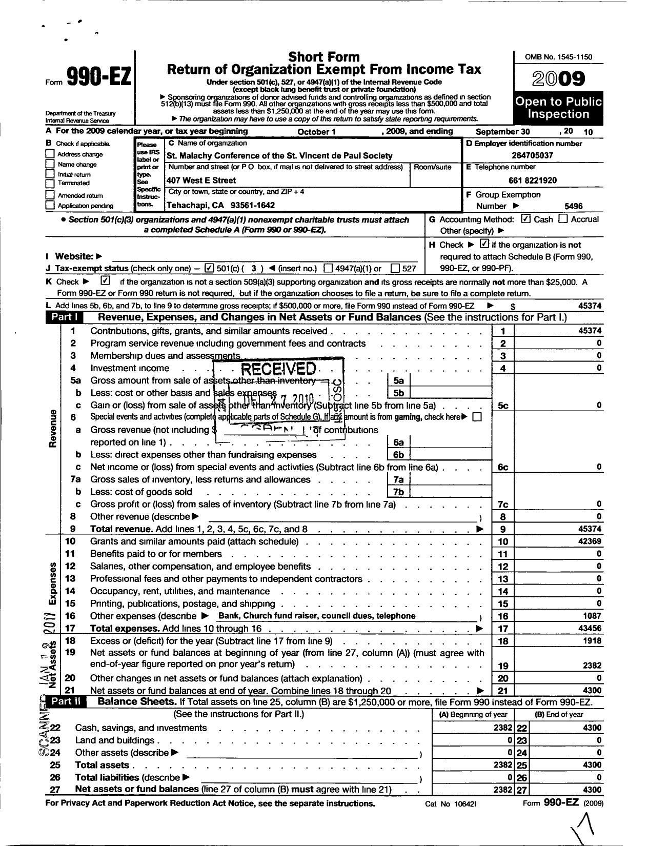 Image of first page of 2009 Form 990EZ for Society of ST. Vincent de Paul - St Malachy Conference