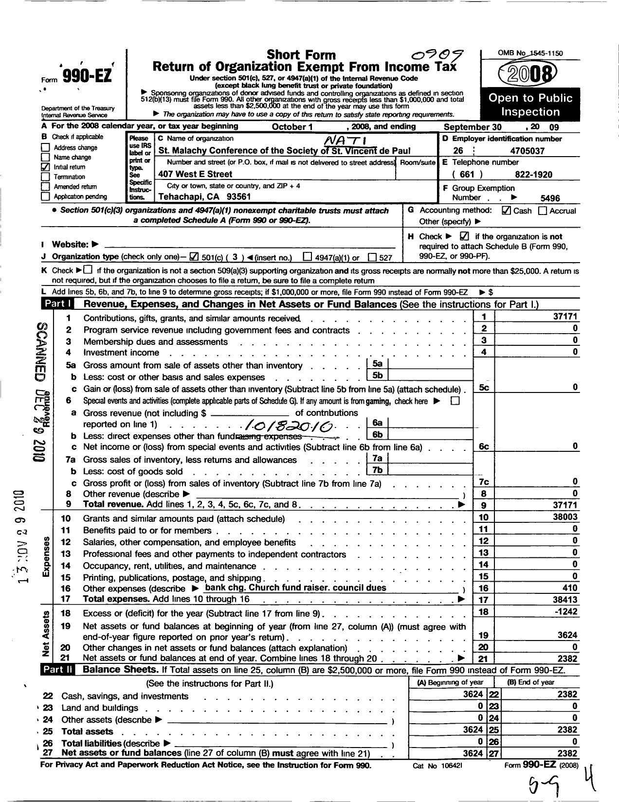 Image of first page of 2008 Form 990EZ for Society of ST. Vincent de Paul - St Malachy Conference