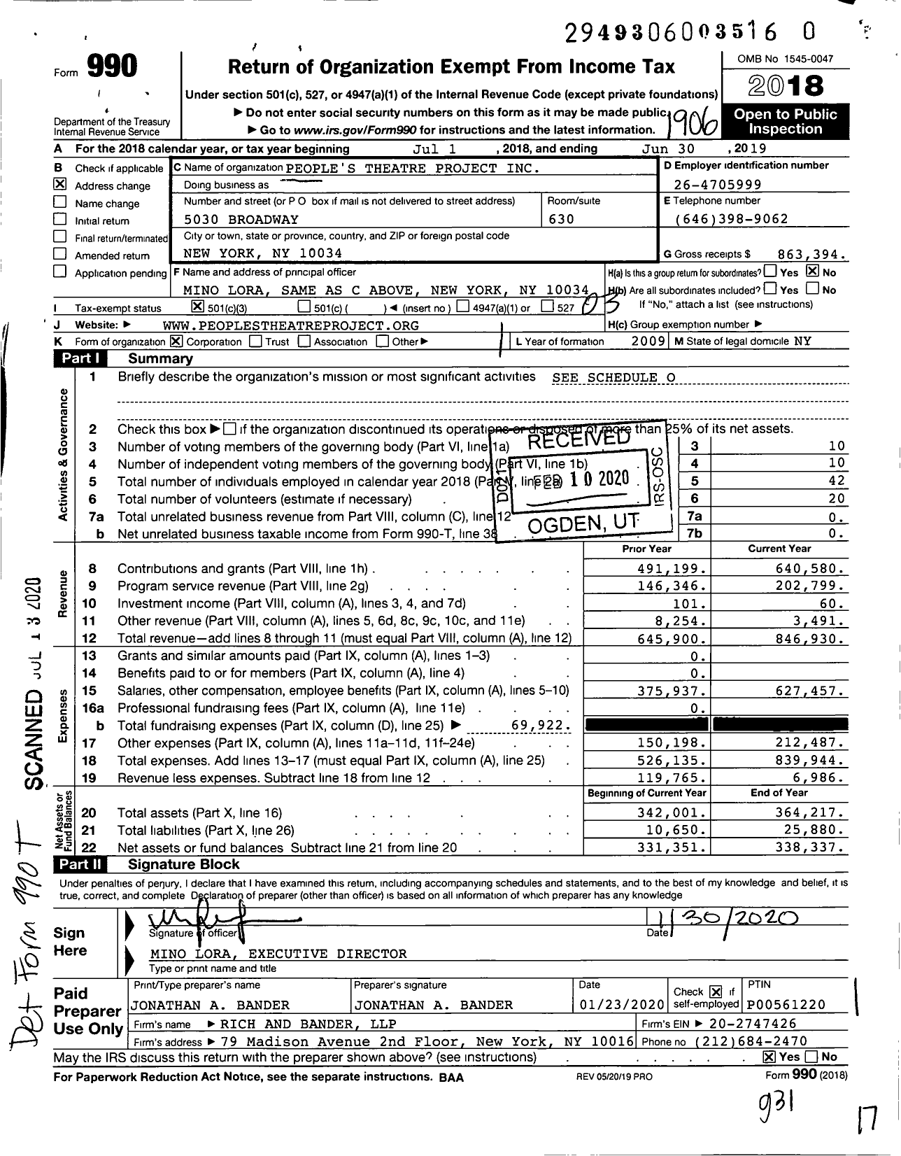 Image of first page of 2018 Form 990 for People's Theatre Project