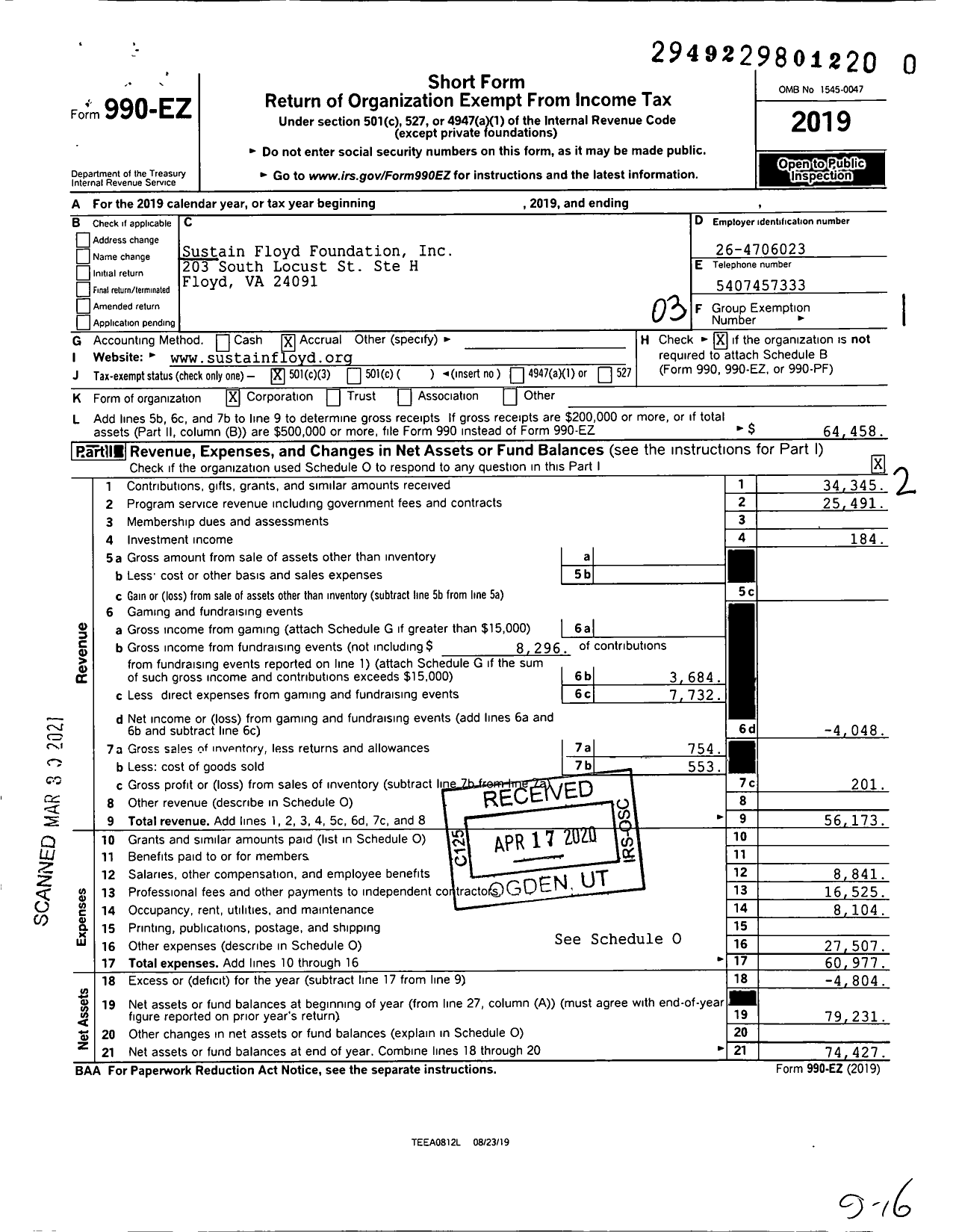 Image of first page of 2019 Form 990EZ for Sustain Floyd Foundation