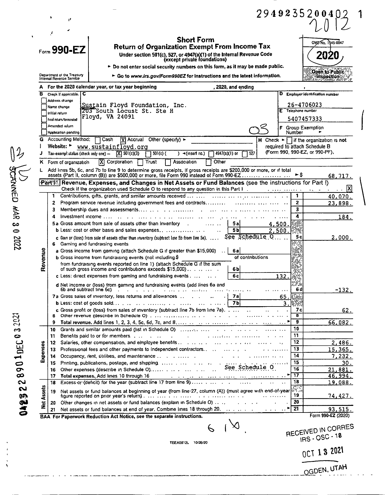 Image of first page of 2020 Form 990EZ for Sustain Floyd Foundation