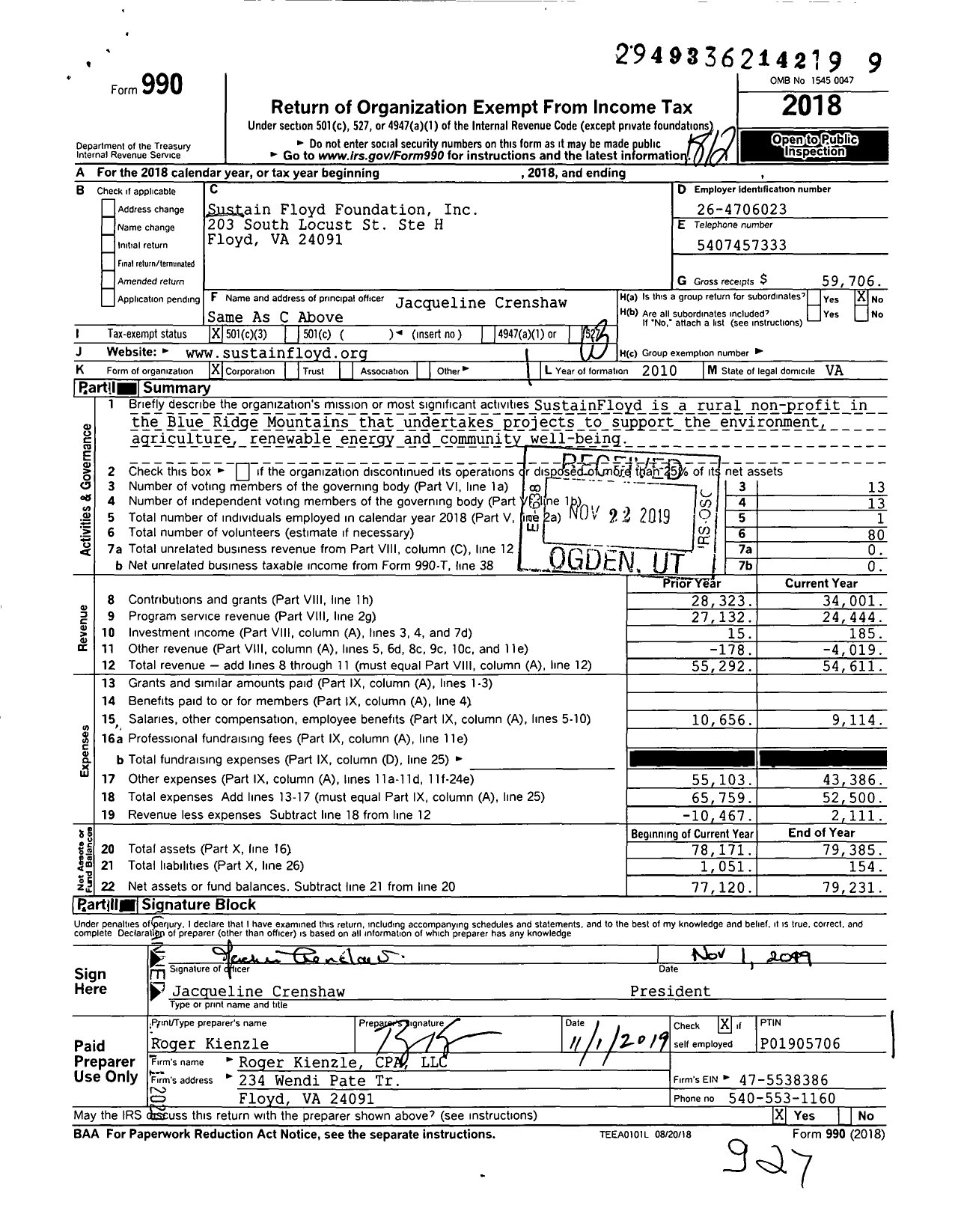 Image of first page of 2018 Form 990 for Sustain Floyd Foundation
