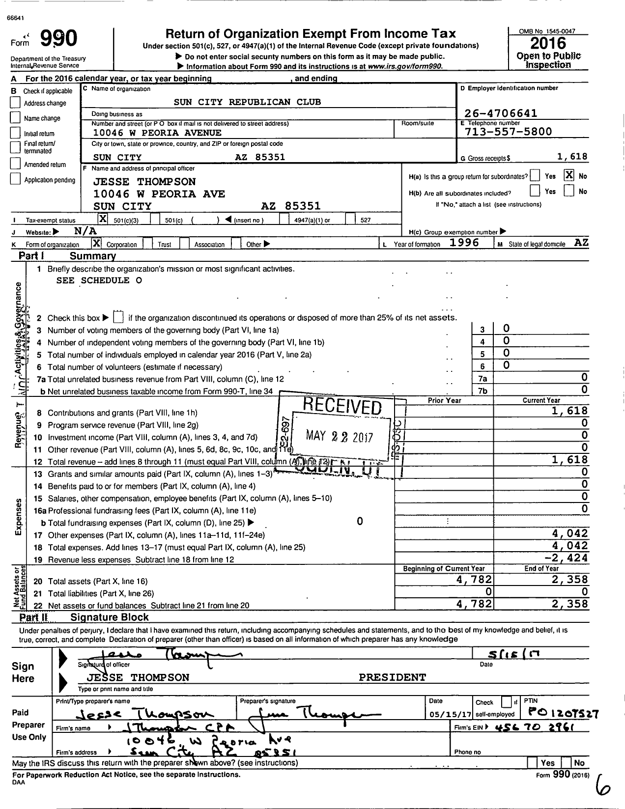 Image of first page of 2016 Form 990 for Recreation Centers of Sun City / Democrat Club of Sun City