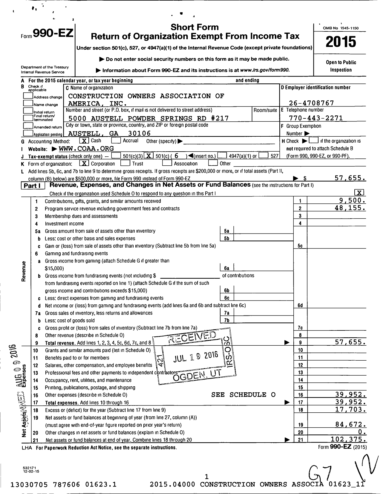 Image of first page of 2015 Form 990EO for Construction Owners Association of America / Texas Chapter