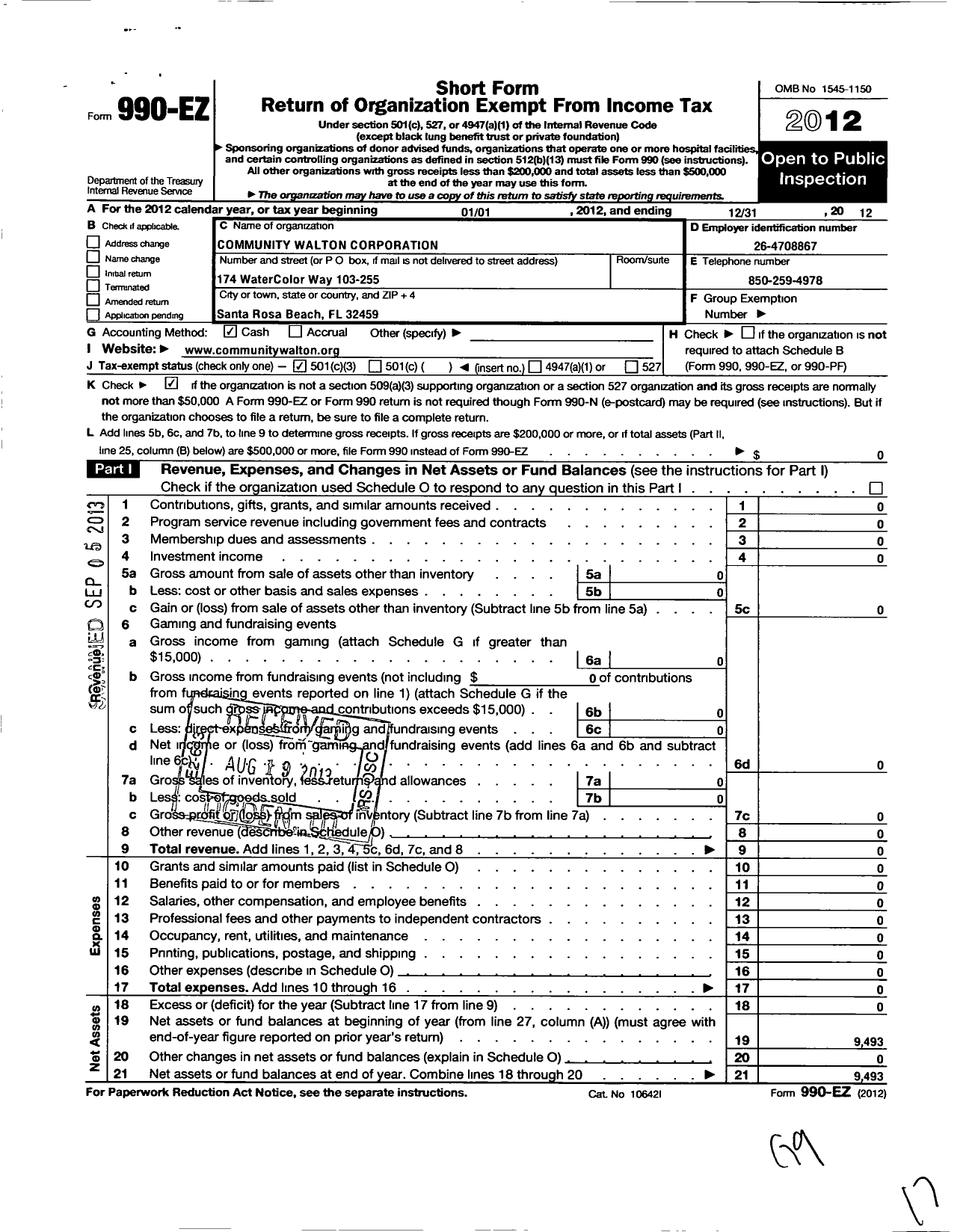 Image of first page of 2012 Form 990EZ for Community Walton Corporation