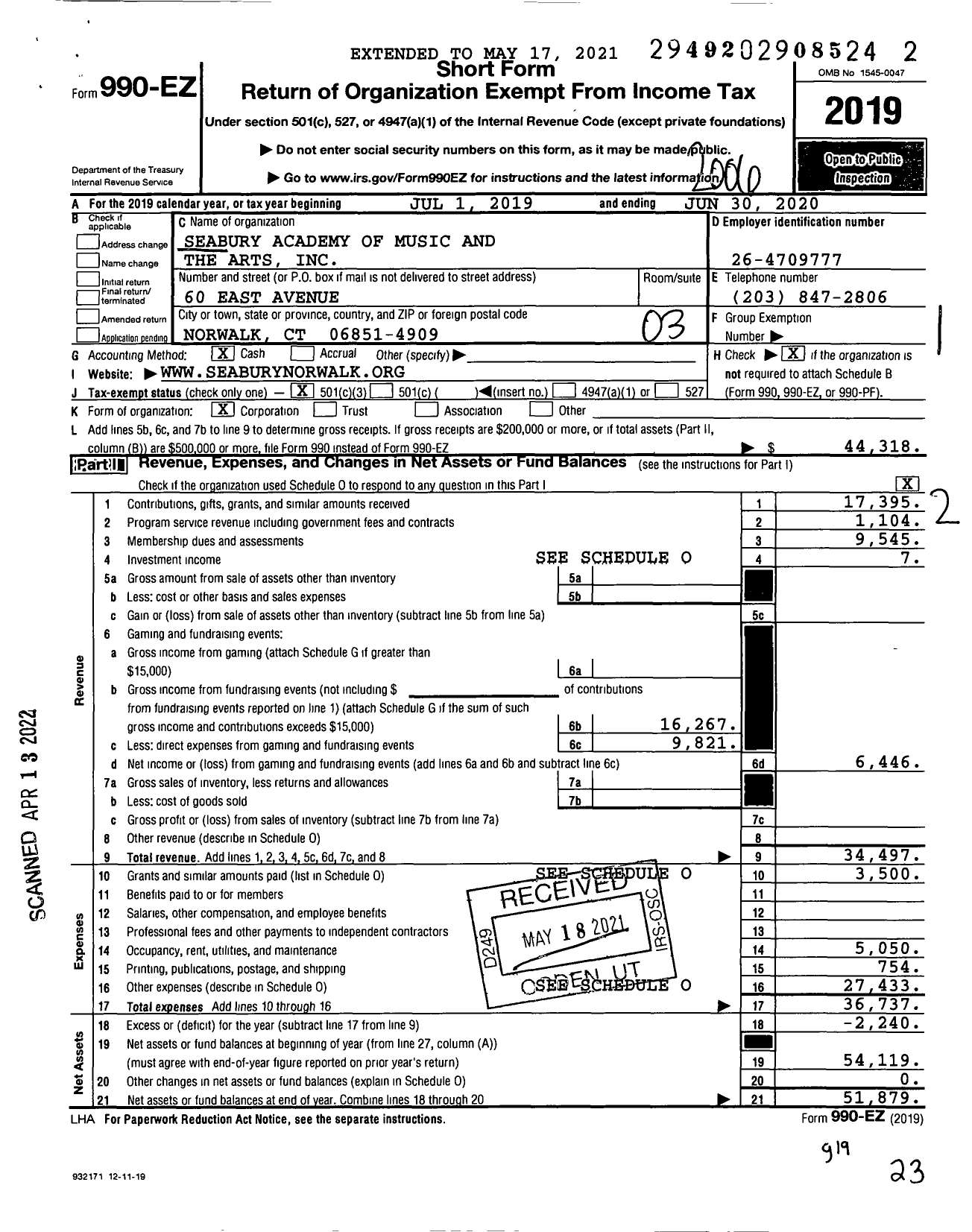 Image of first page of 2019 Form 990EZ for Seabury Academy of Music and the Arts