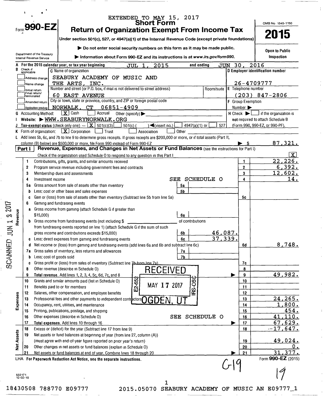 Image of first page of 2015 Form 990EZ for Seabury Academy of Music and the Arts