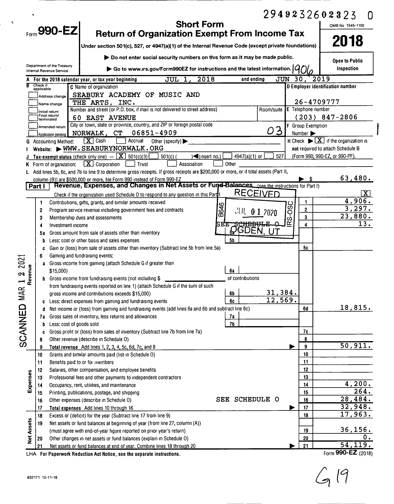 Image of first page of 2018 Form 990EZ for Seabury Academy of Music and the Arts