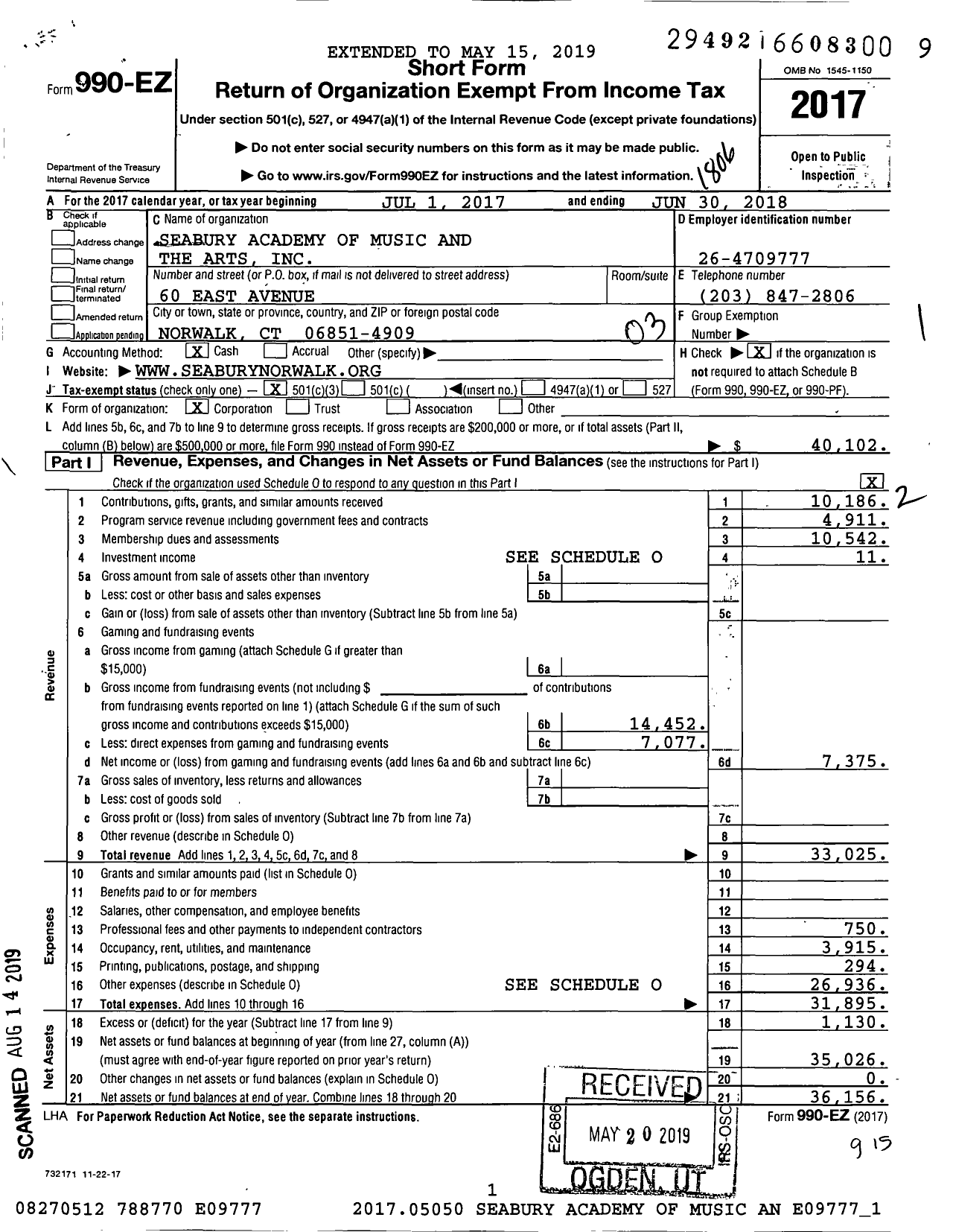 Image of first page of 2017 Form 990EZ for Seabury Academy of Music and the Arts