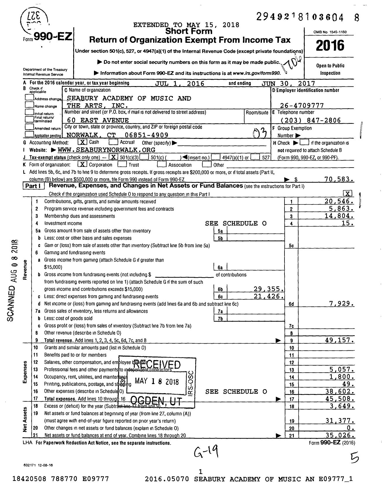 Image of first page of 2016 Form 990EZ for Seabury Academy of Music and the Arts