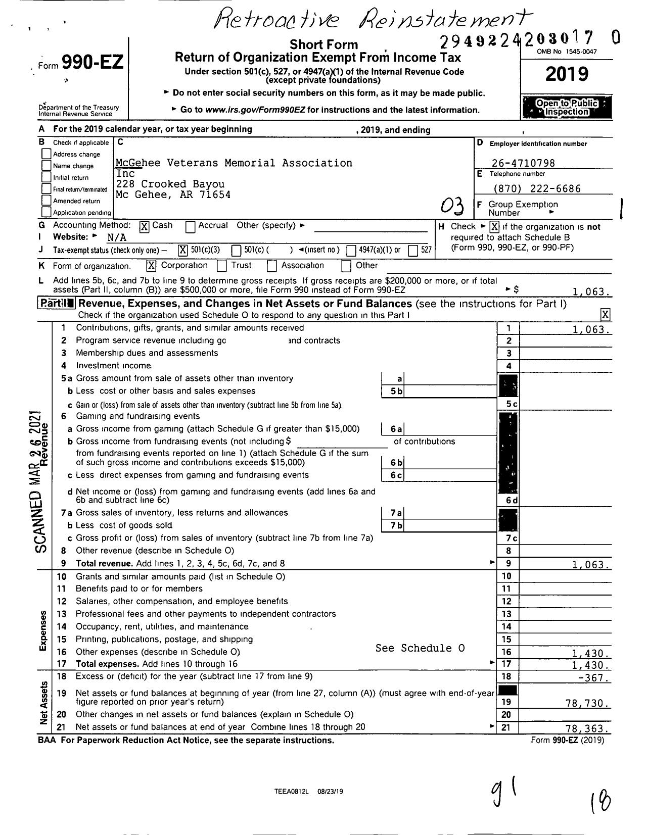 Image of first page of 2019 Form 990EZ for Mcgehee Veterans Memorial Association