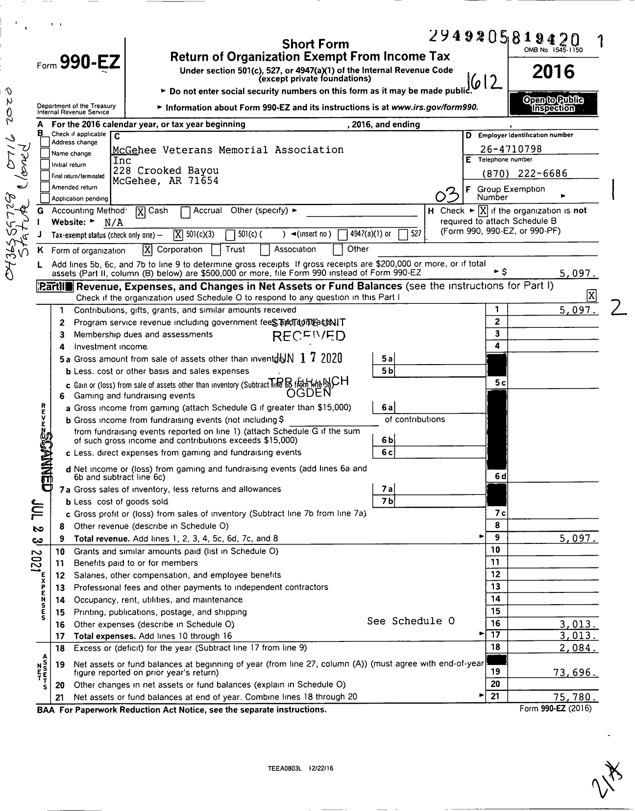 Image of first page of 2016 Form 990EZ for Mcgehee Veterans Memorial Association