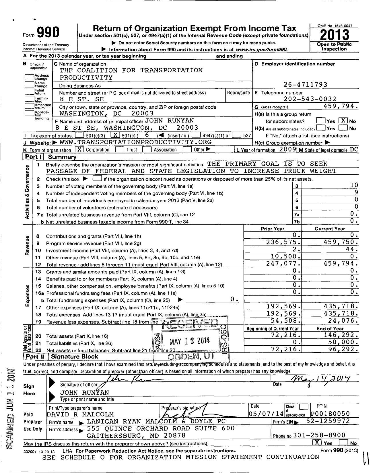 Image of first page of 2013 Form 990O for The Coalition for Transportation Productivity