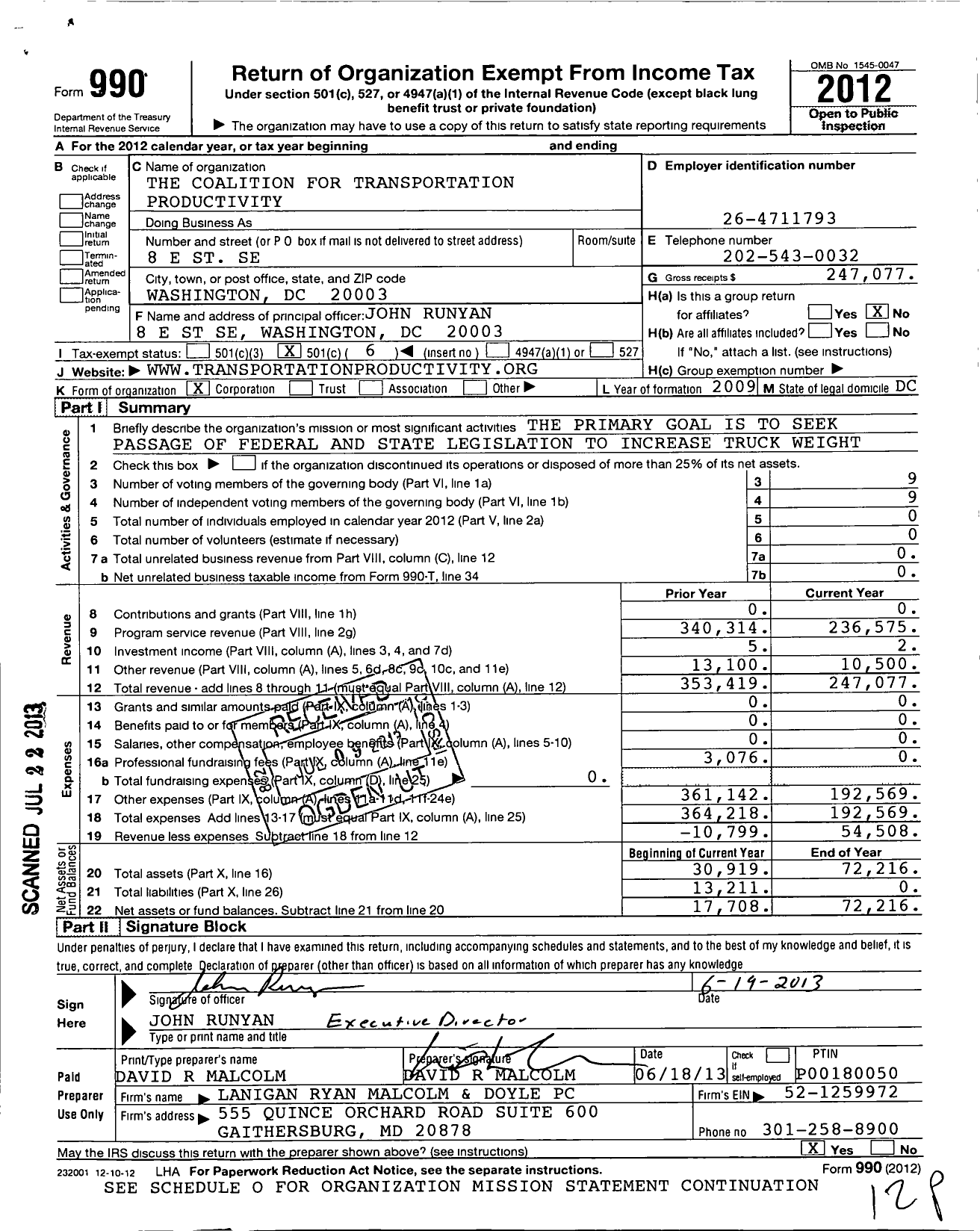 Image of first page of 2012 Form 990O for The Coalition for Transportation Productivity