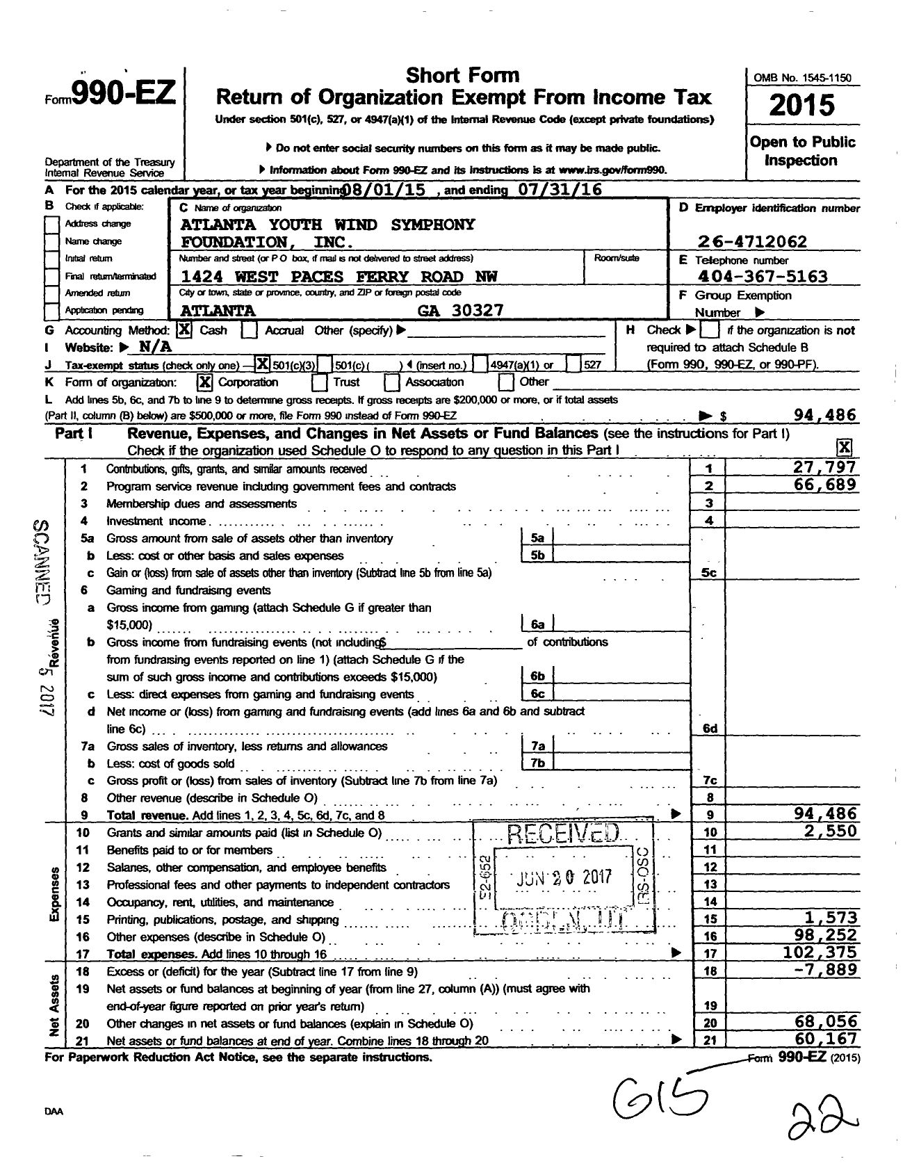 Image of first page of 2015 Form 990EZ for Atlanta Youth Wind Symphony Foundation