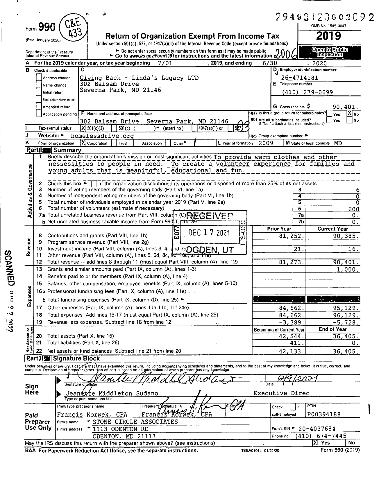 Image of first page of 2019 Form 990 for Giving Back - Lindas Legacy