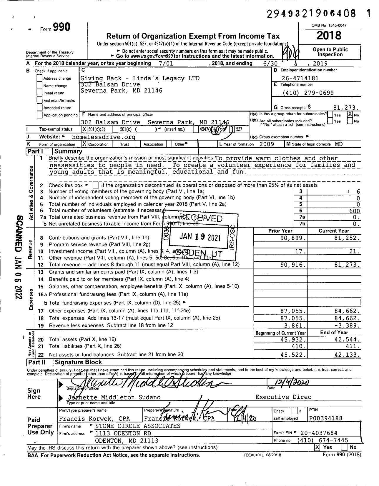 Image of first page of 2018 Form 990 for Giving Back - Lindas Legacy