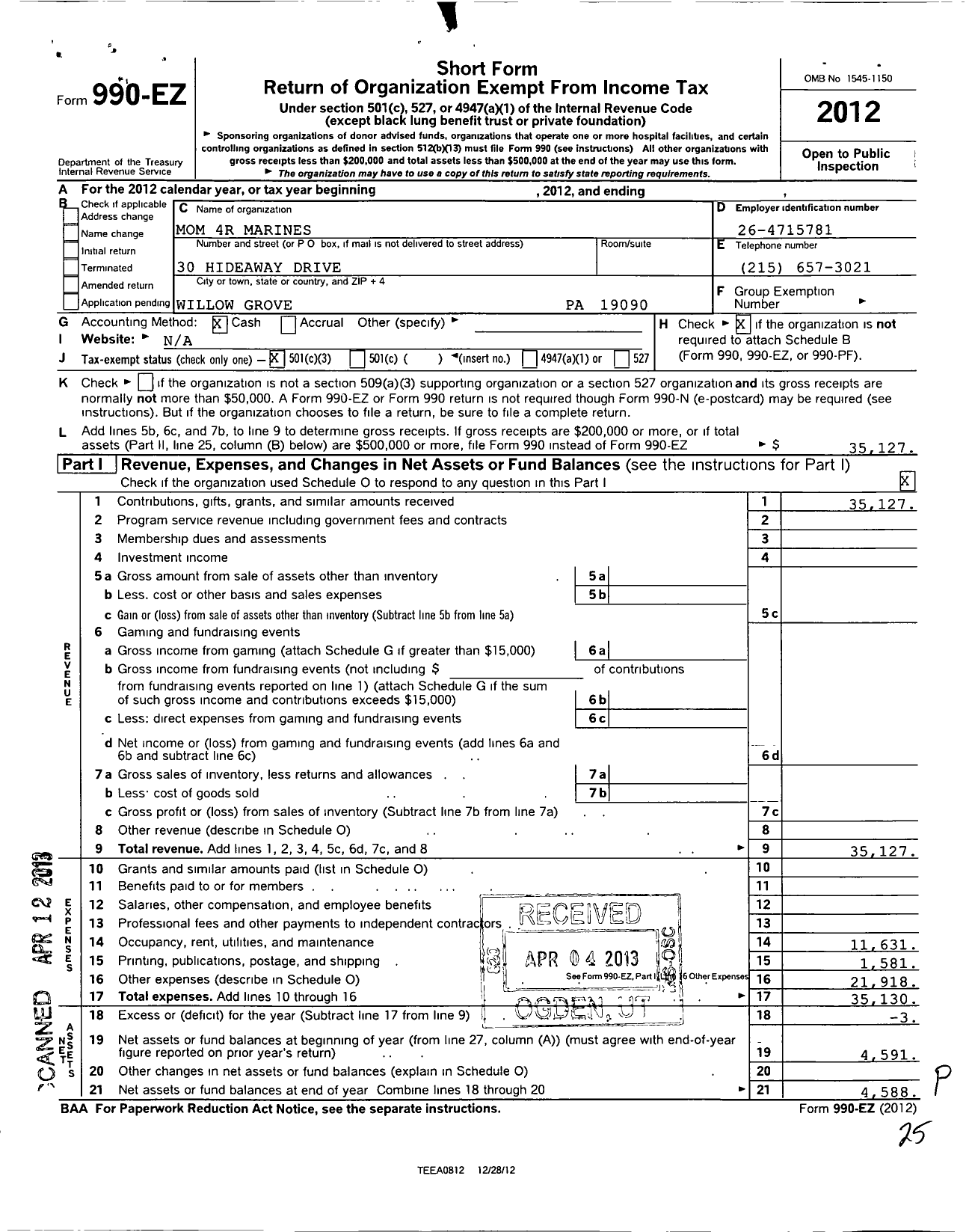 Image of first page of 2012 Form 990EZ for America 4R Veterans