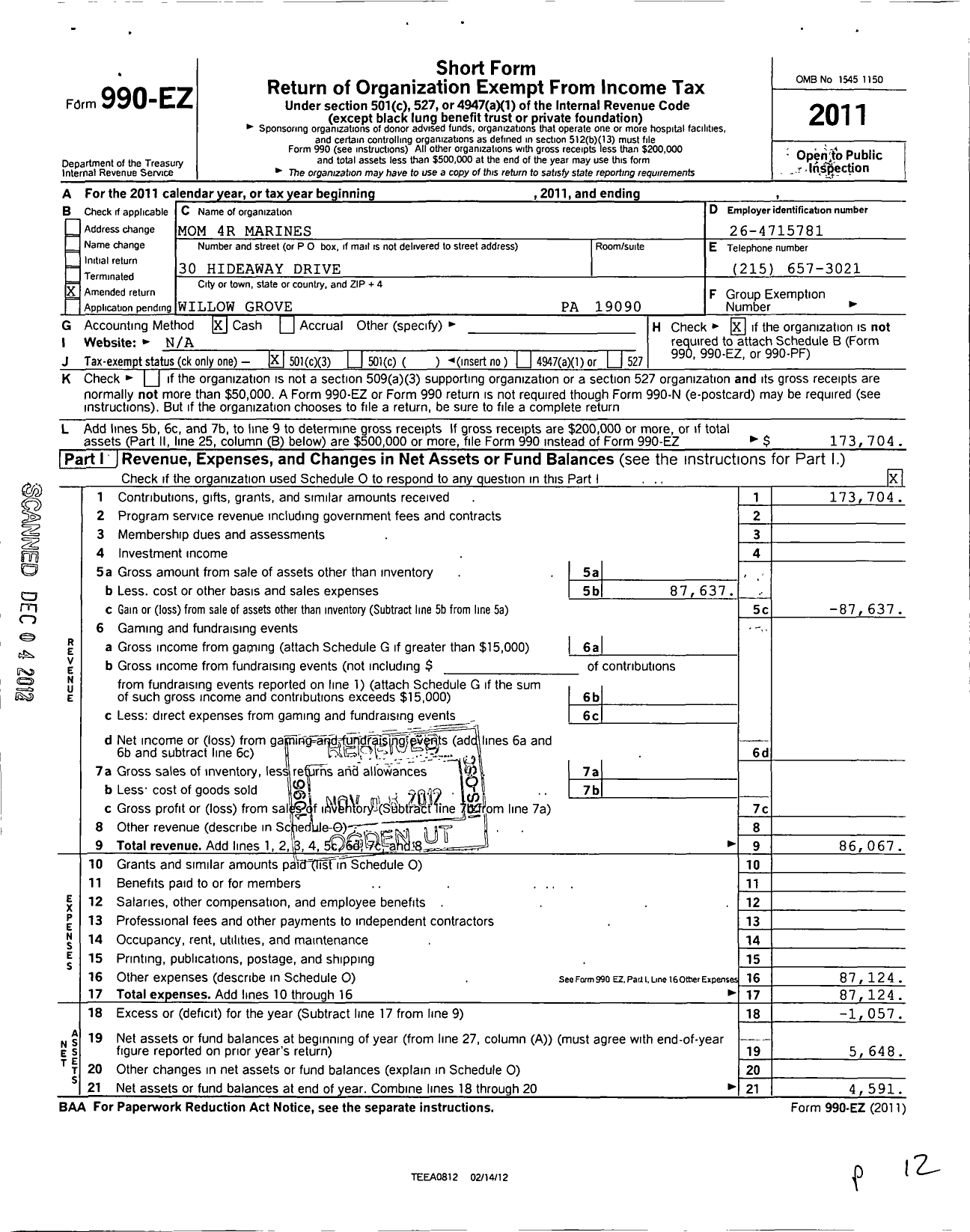 Image of first page of 2011 Form 990EZ for America 4R Veterans