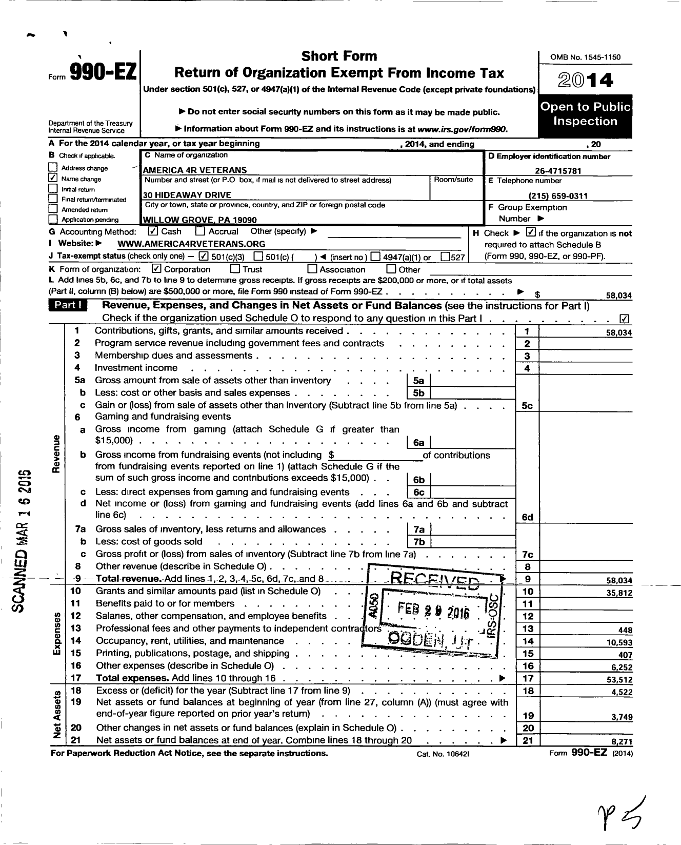 Image of first page of 2014 Form 990EZ for America 4R Veterans