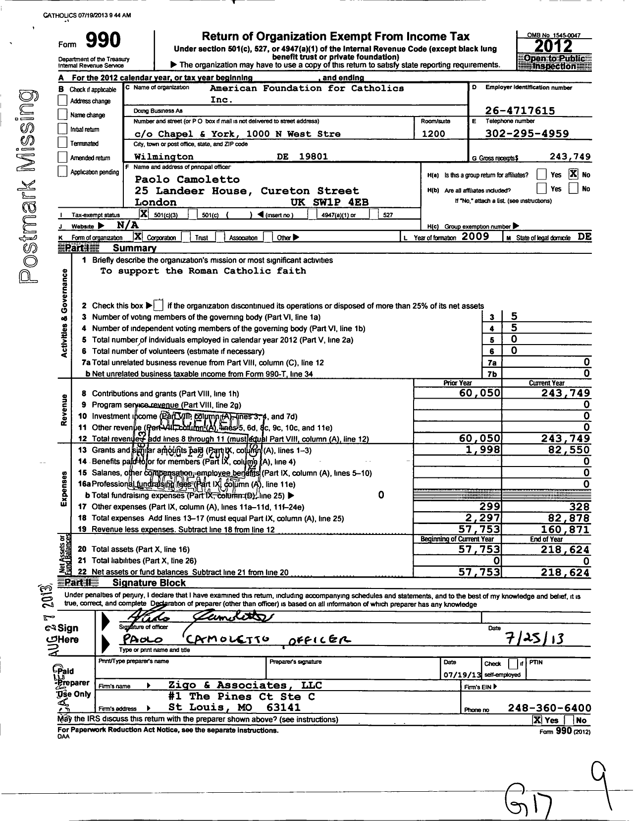 Image of first page of 2012 Form 990 for American Foundation for Catholics