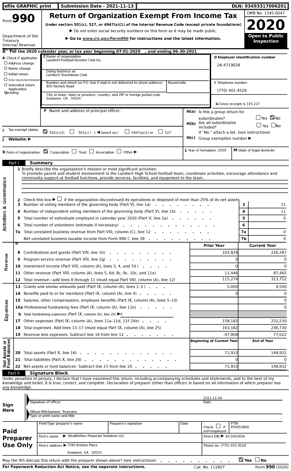 Image of first page of 2020 Form 990 for Lambert Touchdown Club