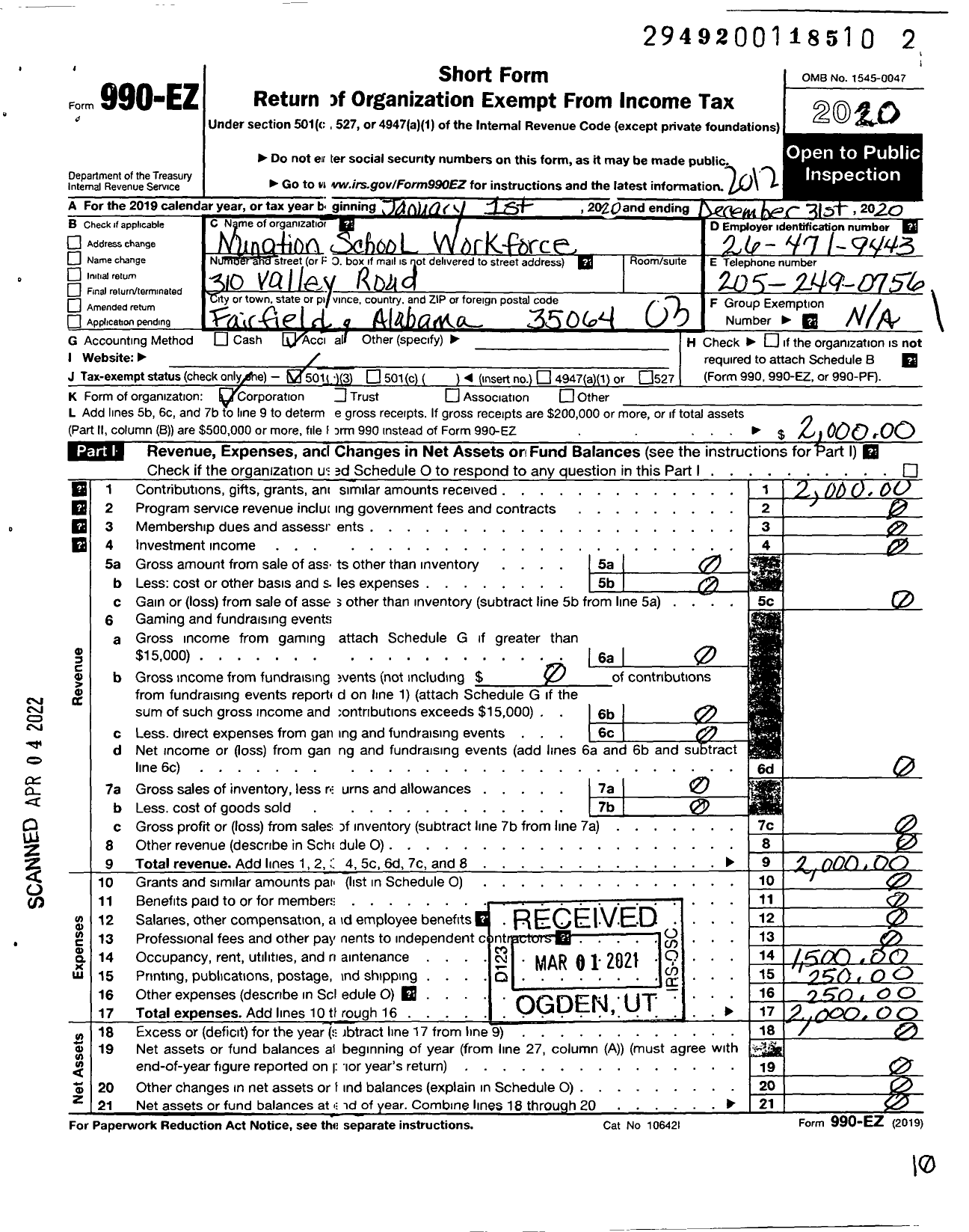 Image of first page of 2020 Form 990EZ for Nunation School Workforce