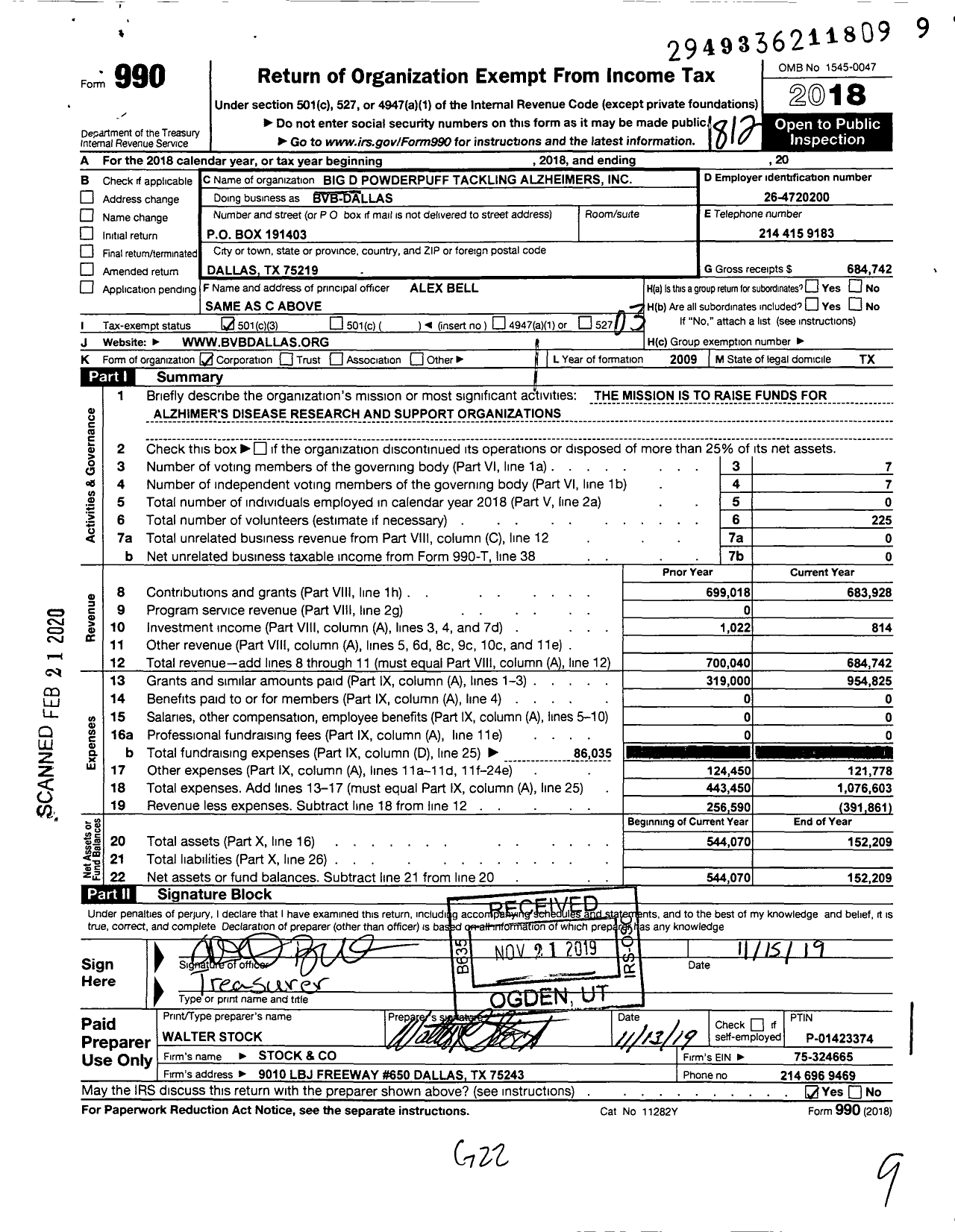 Image of first page of 2018 Form 990 for Big D Powerpuff Tackling Alzheimers