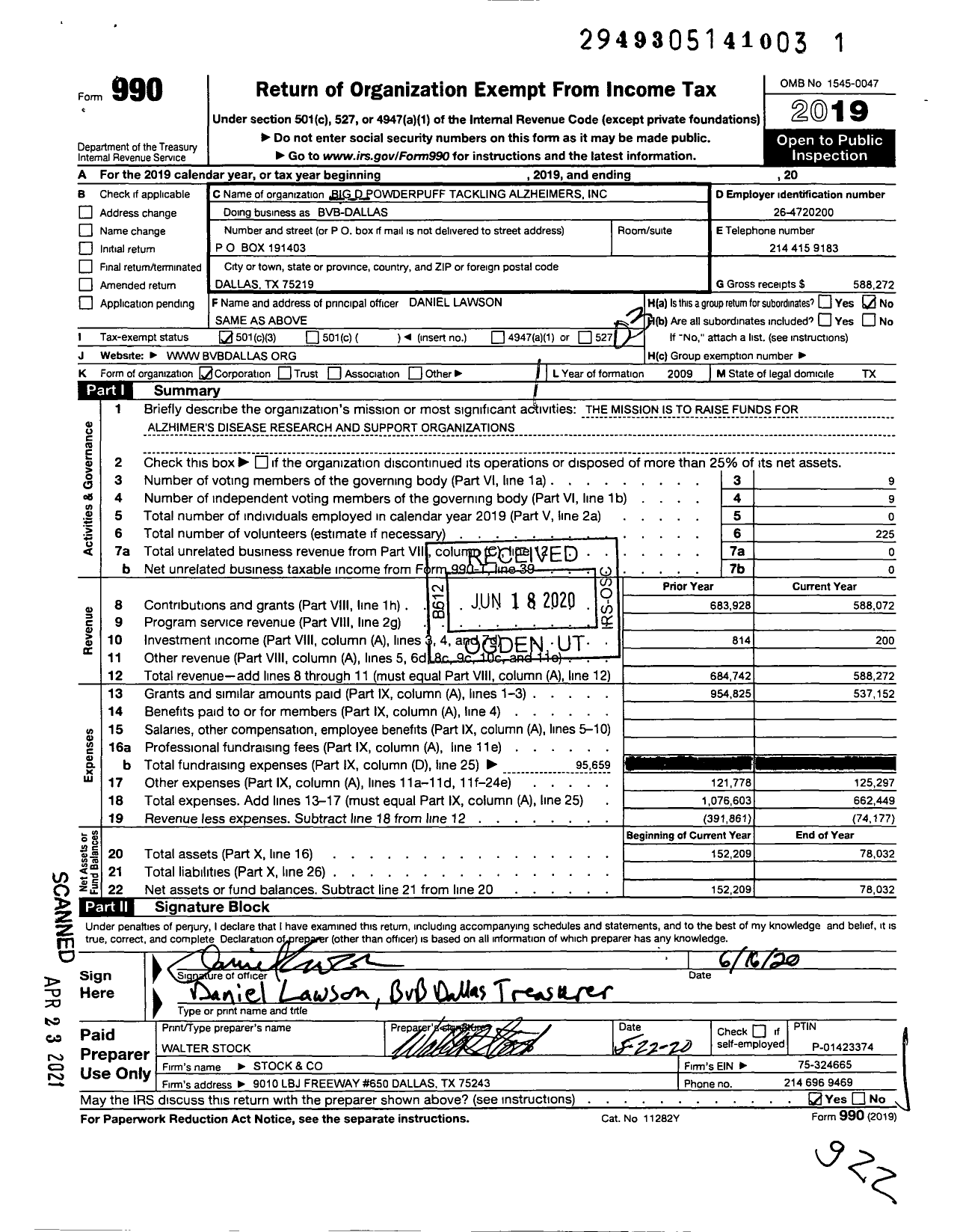 Image of first page of 2019 Form 990 for Big D Powerpuff Tackling Alzheimers