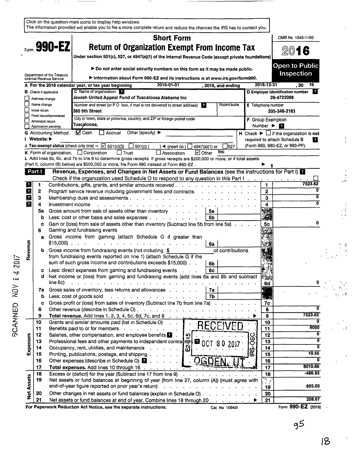 Image of first page of 2016 Form 990EZ for Jewish United Appeal Fund of Tuscaloosa Alabama