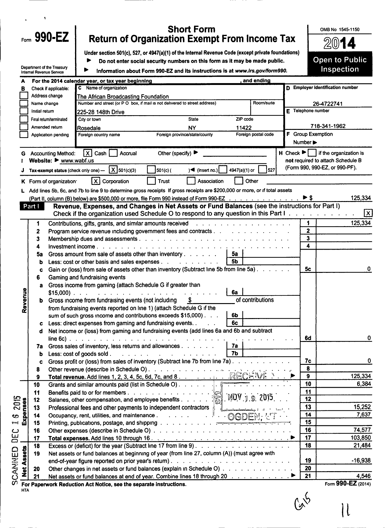 Image of first page of 2014 Form 990EZ for The African Broadcasting Foundation