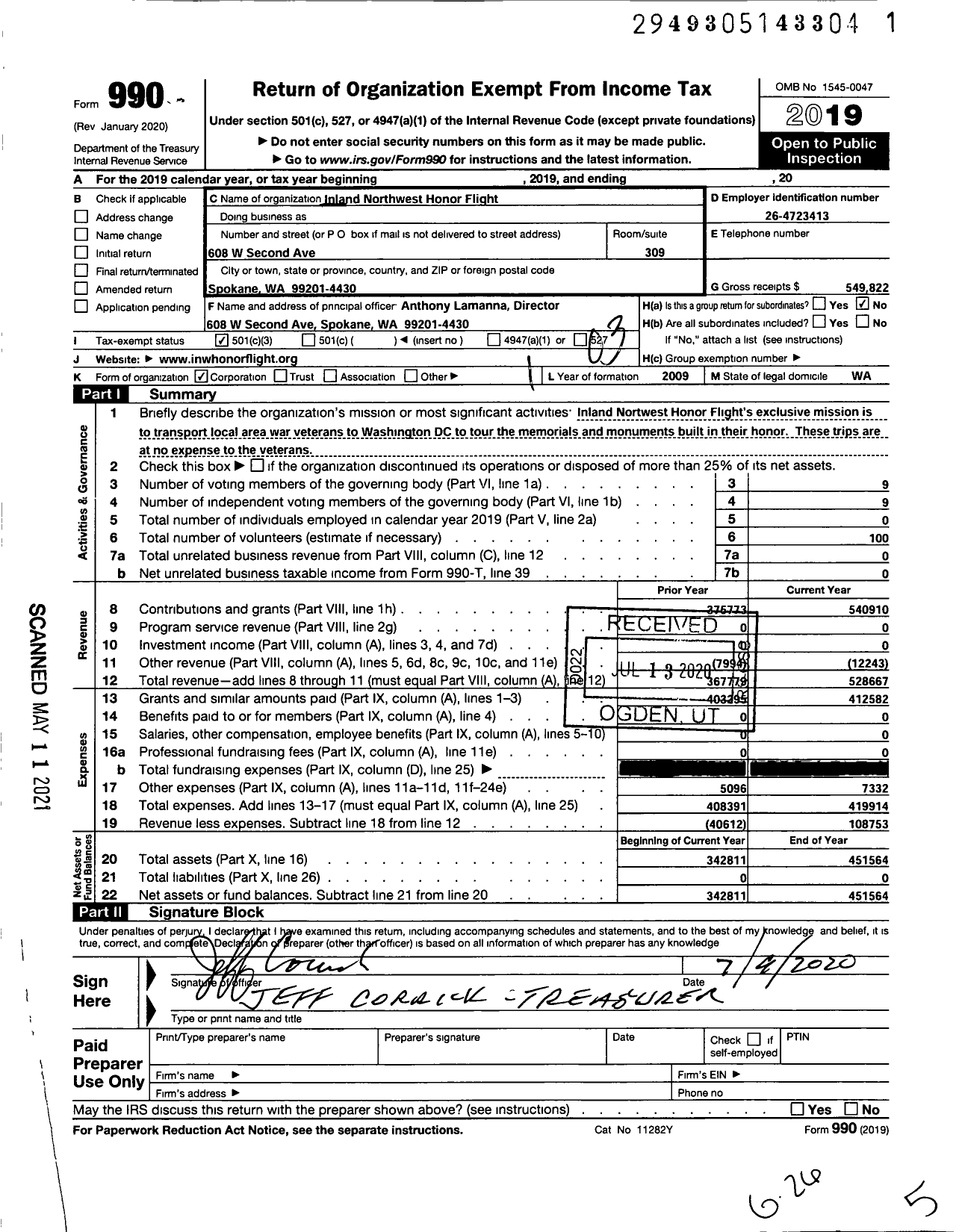 Image of first page of 2019 Form 990 for Inland Northwest Honor Flight