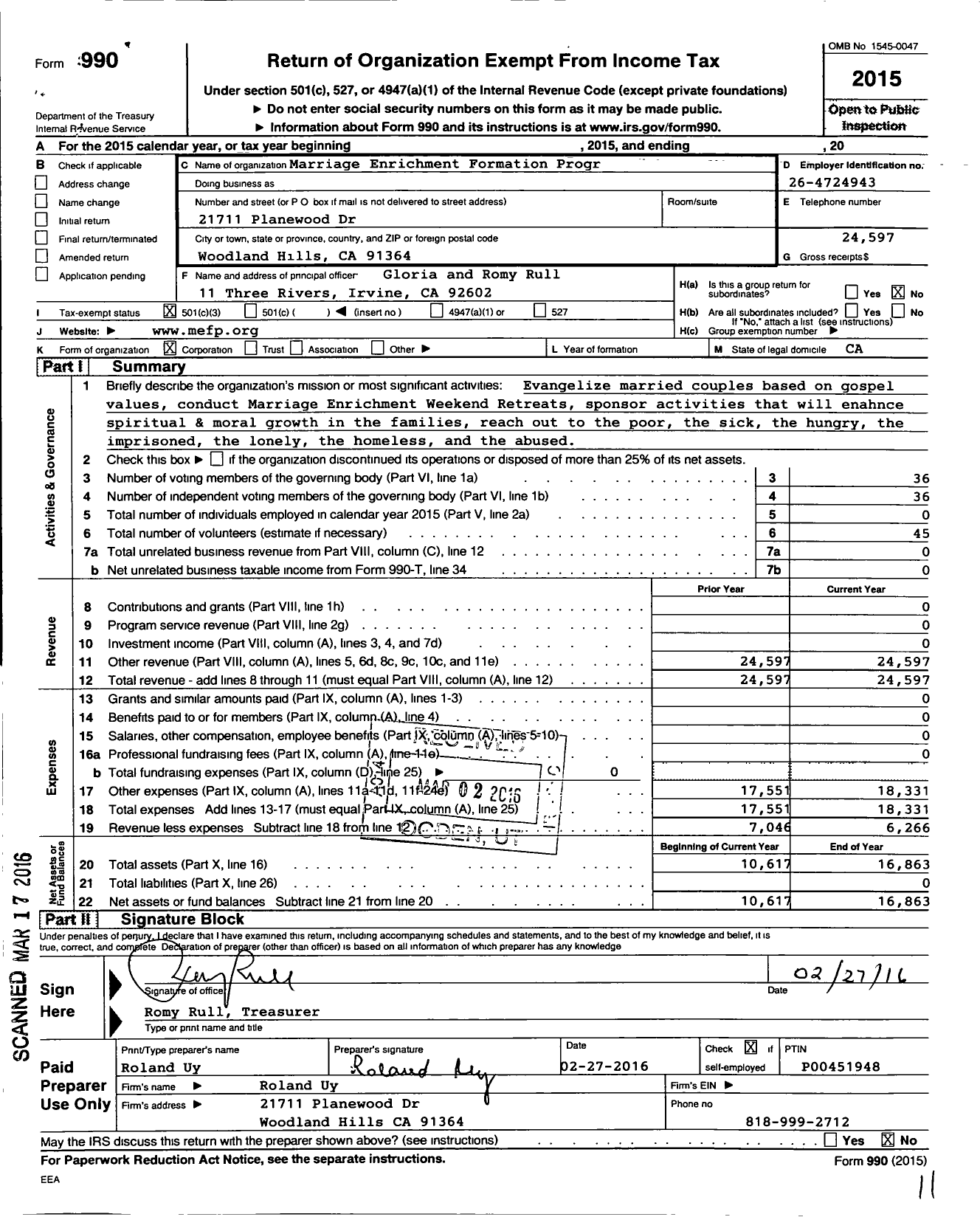 Image of first page of 2015 Form 990 for Marriage Enrichment Formation Program