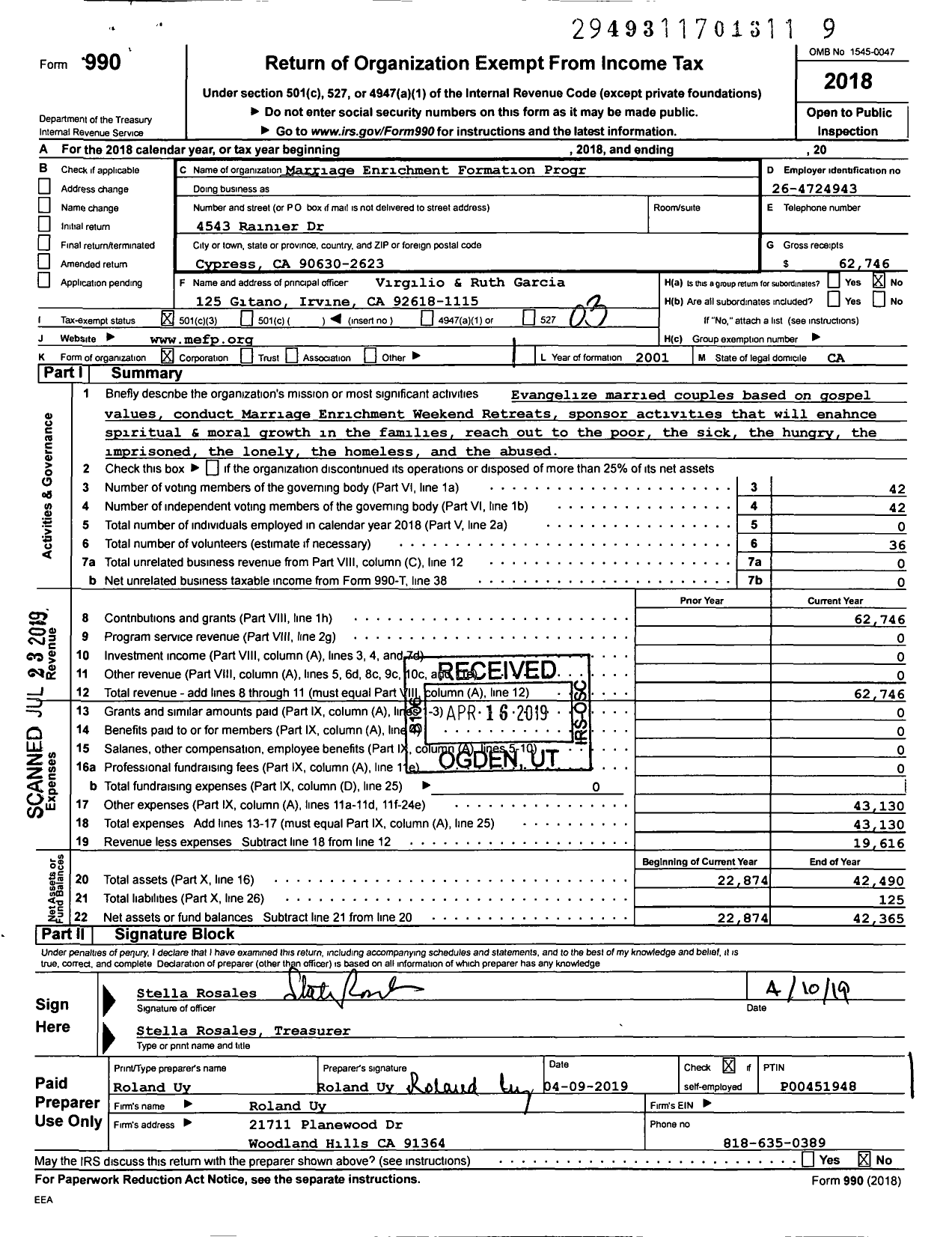 Image of first page of 2018 Form 990 for Marriage Enrichment Formation Program