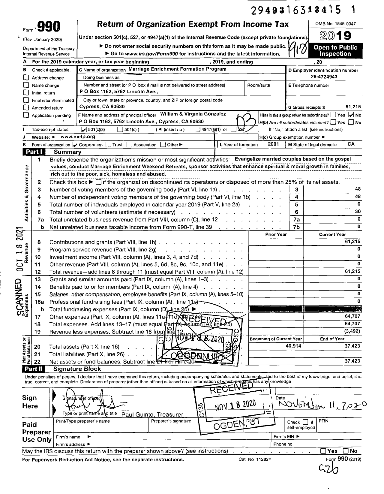 Image of first page of 2019 Form 990 for Marriage Enrichment Formation Program