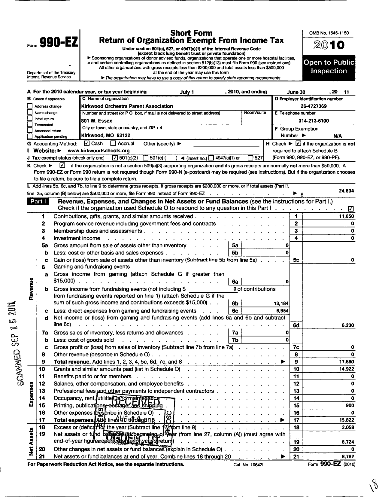 Image of first page of 2010 Form 990EZ for Kirkwood Orchestra Parents Association