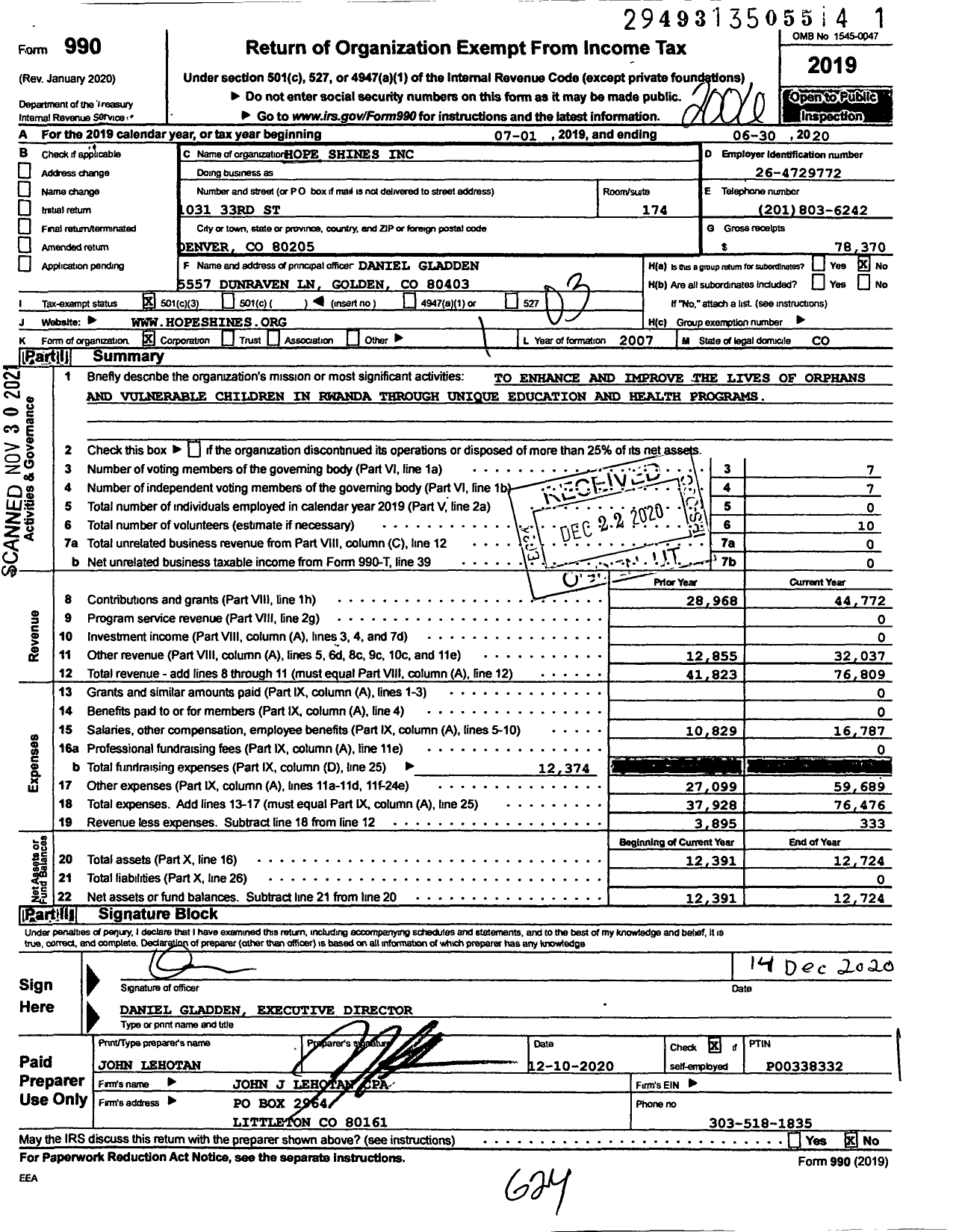 Image of first page of 2019 Form 990 for Hope Shines