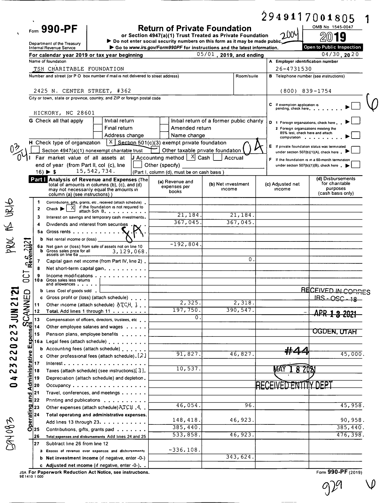 Image of first page of 2019 Form 990PF for TSH Charitable Foundation