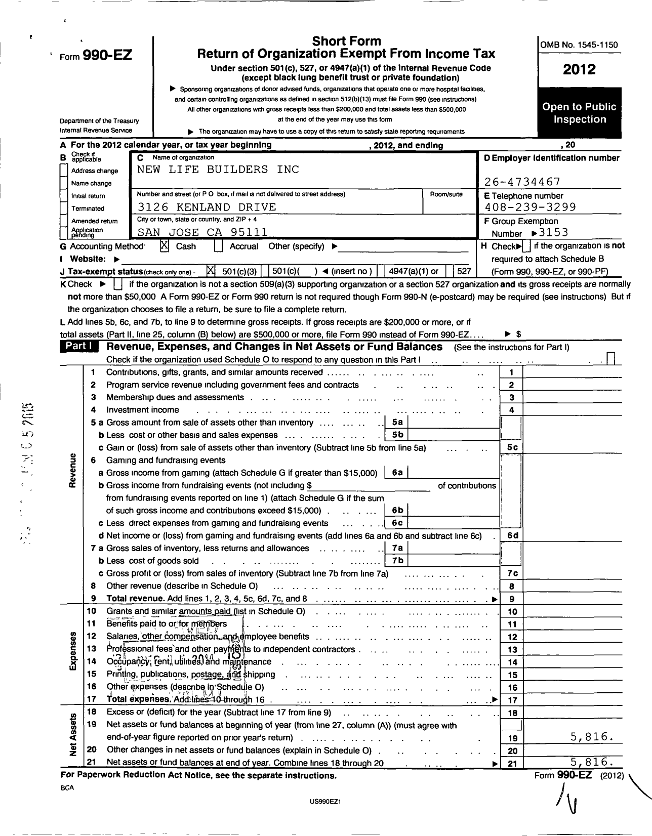 Image of first page of 2012 Form 990EZ for New Life Builders