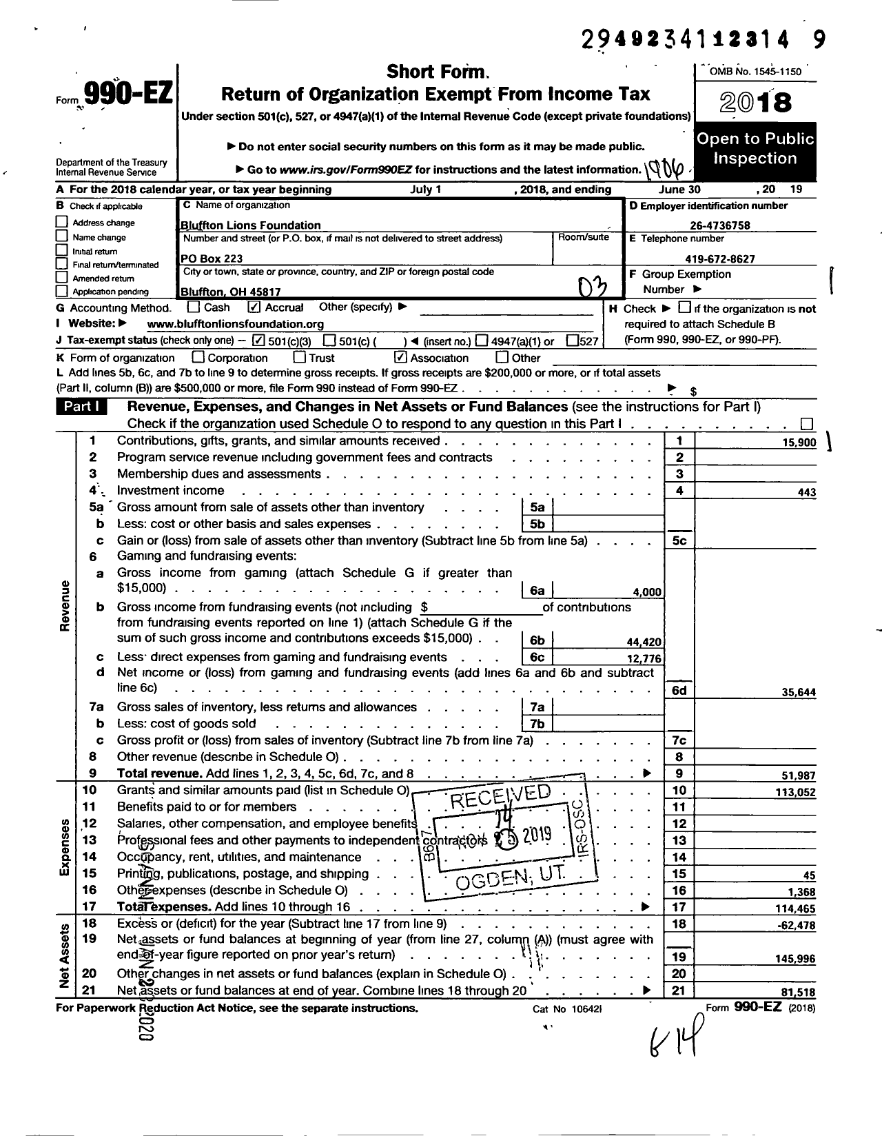 Image of first page of 2018 Form 990EZ for Bluffton Lions Foundation