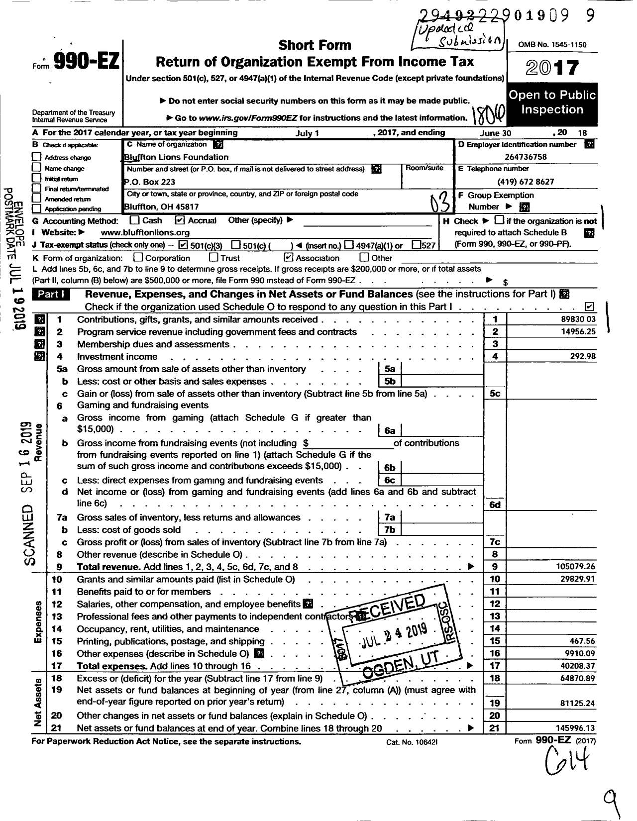 Image of first page of 2017 Form 990EZ for Bluffton Lions Foundation