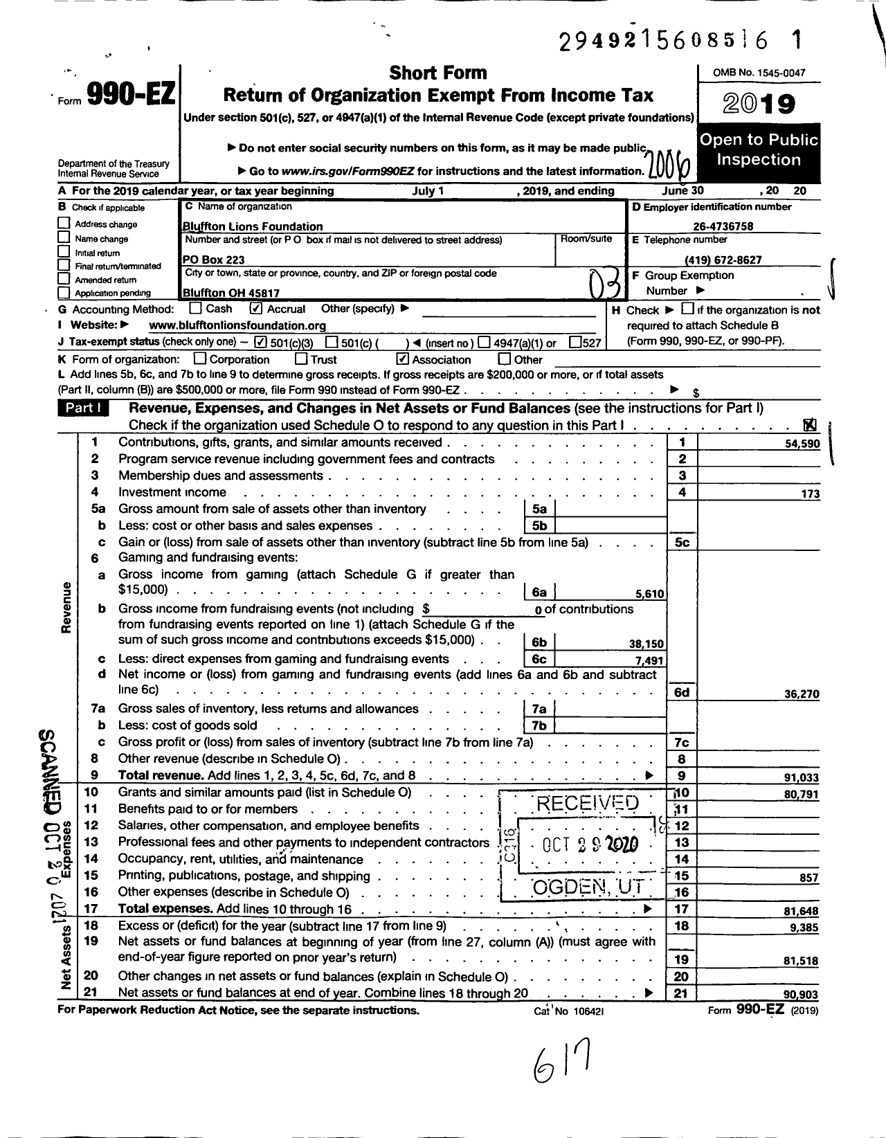 Image of first page of 2019 Form 990EZ for Bluffton Lions Foundation