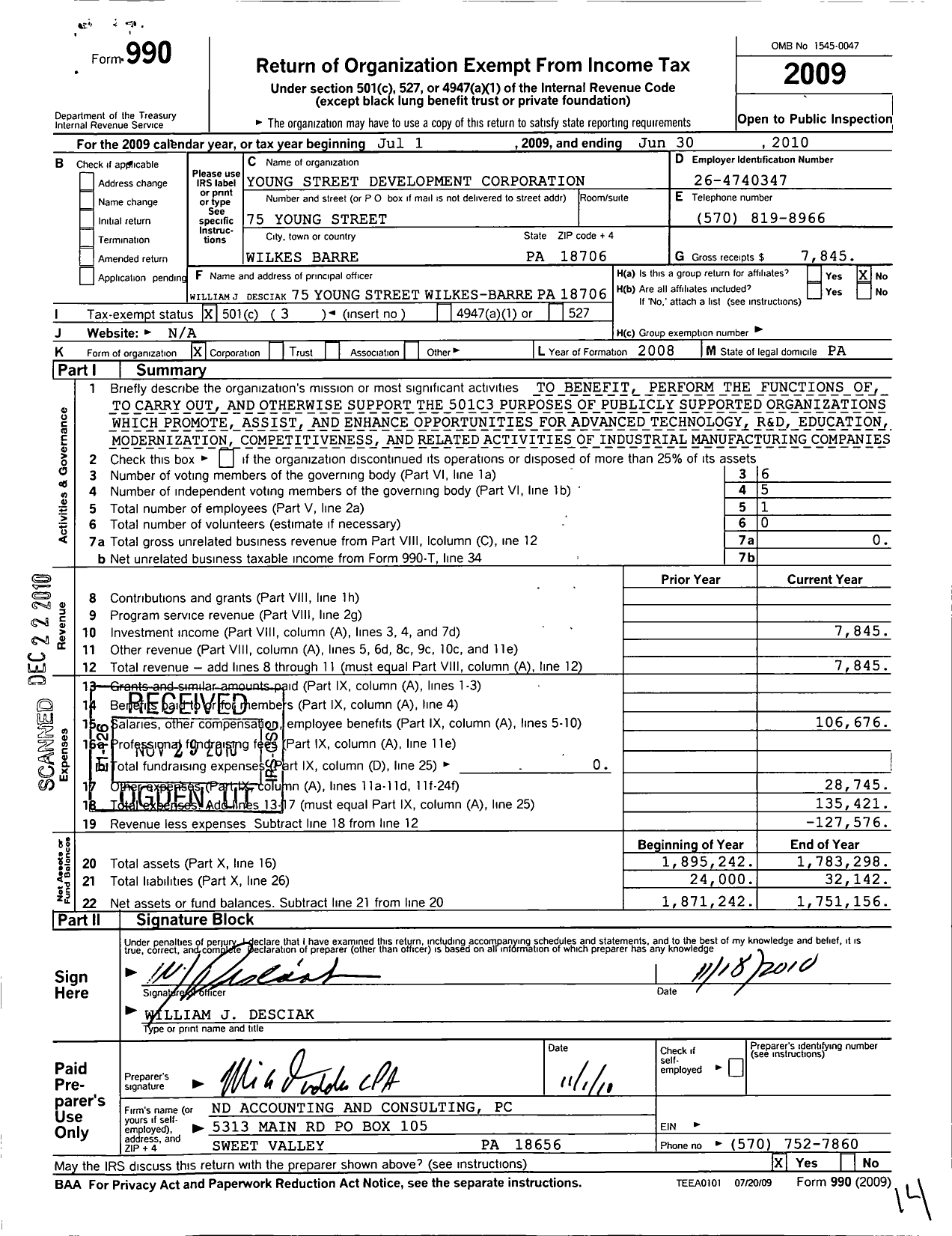 Image of first page of 2009 Form 990 for Young Street Development Corporation