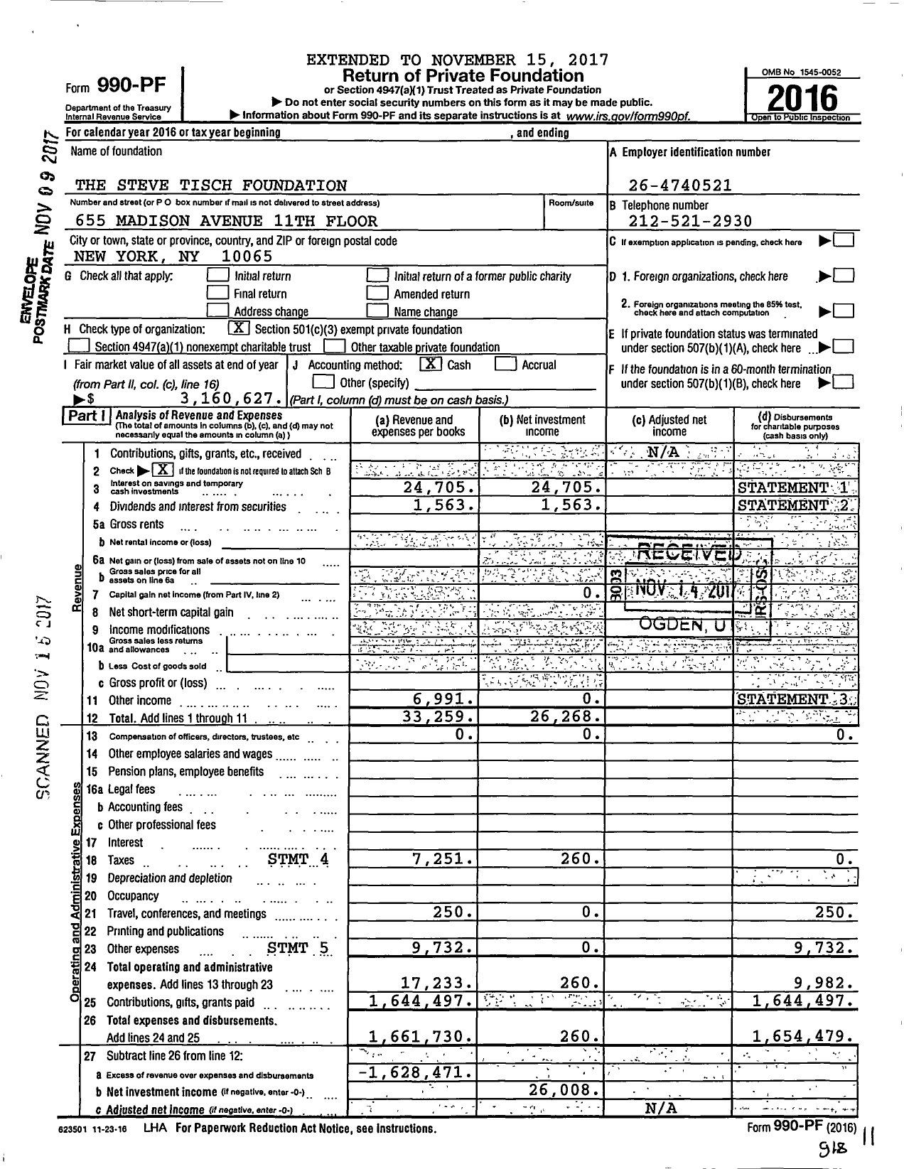 Image of first page of 2016 Form 990PF for The Steve Tisch Foundation