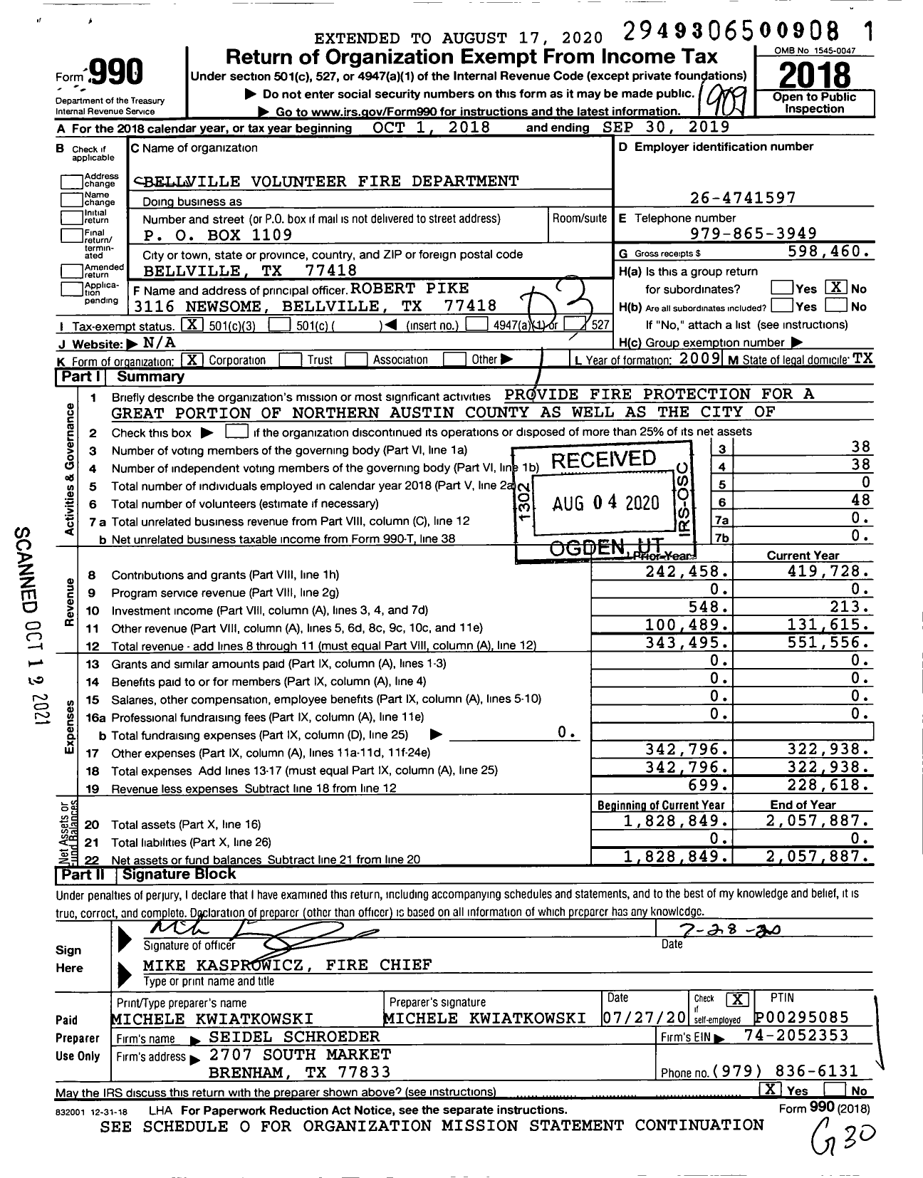 Image of first page of 2018 Form 990 for Bellville Volunteer Fire Department