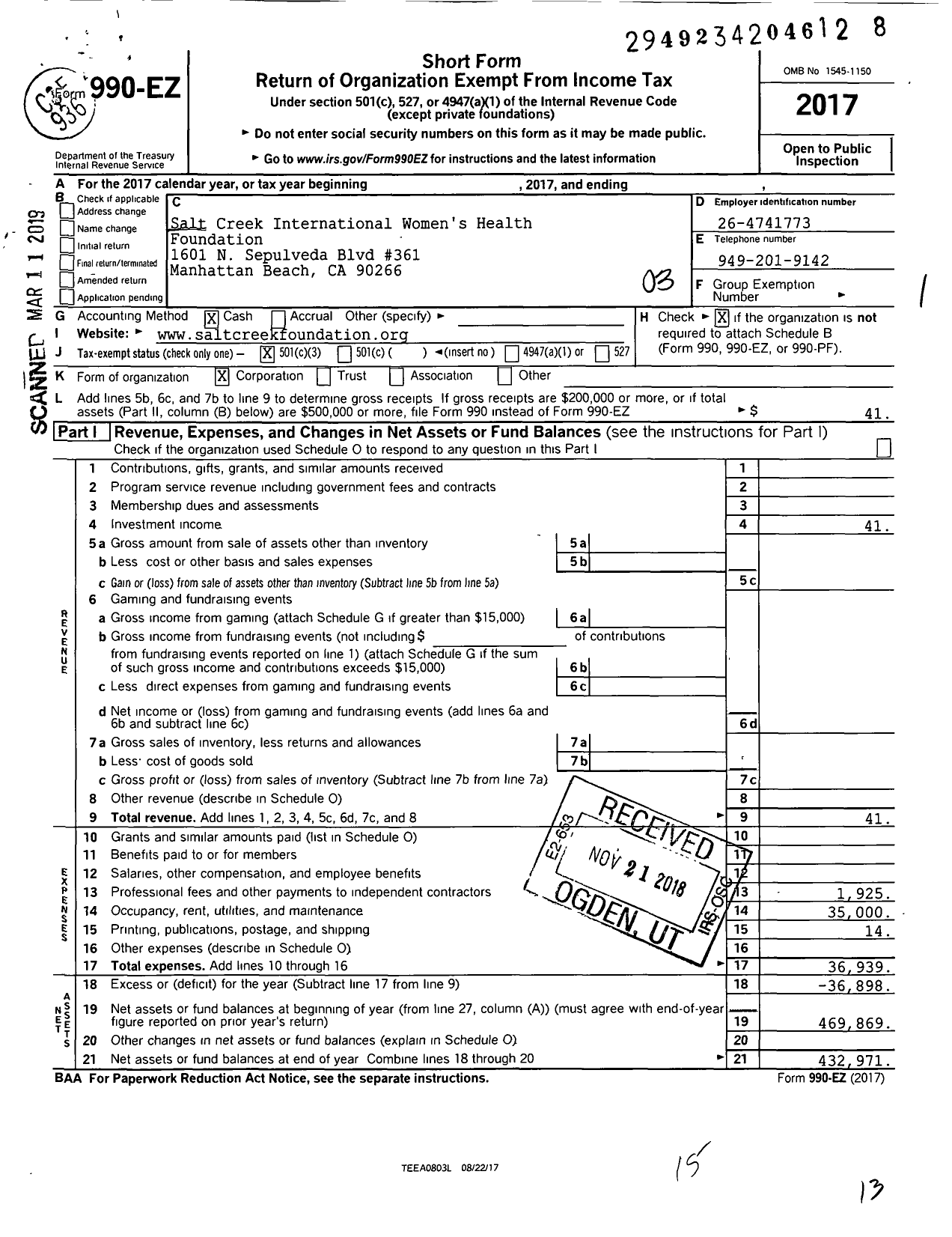 Image of first page of 2017 Form 990EZ for Salt Creek International Womens Health Foundation