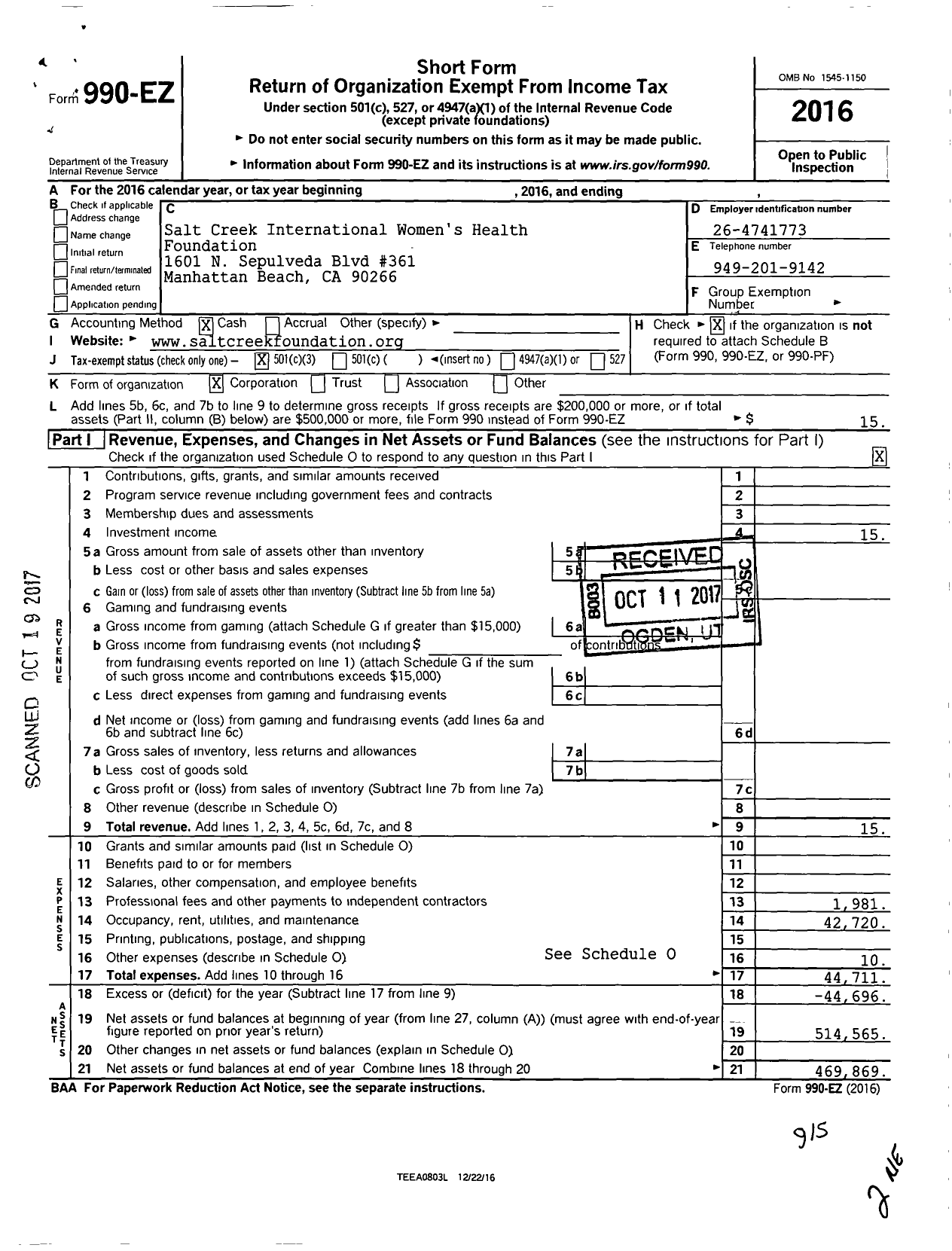 Image of first page of 2016 Form 990EZ for Salt Creek International Womens Health Foundation