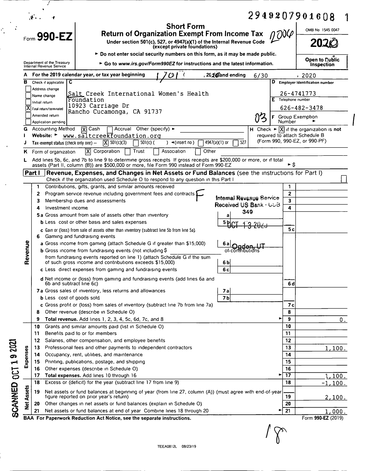 Image of first page of 2019 Form 990EZ for Salt Creek International Womens Health Foundation